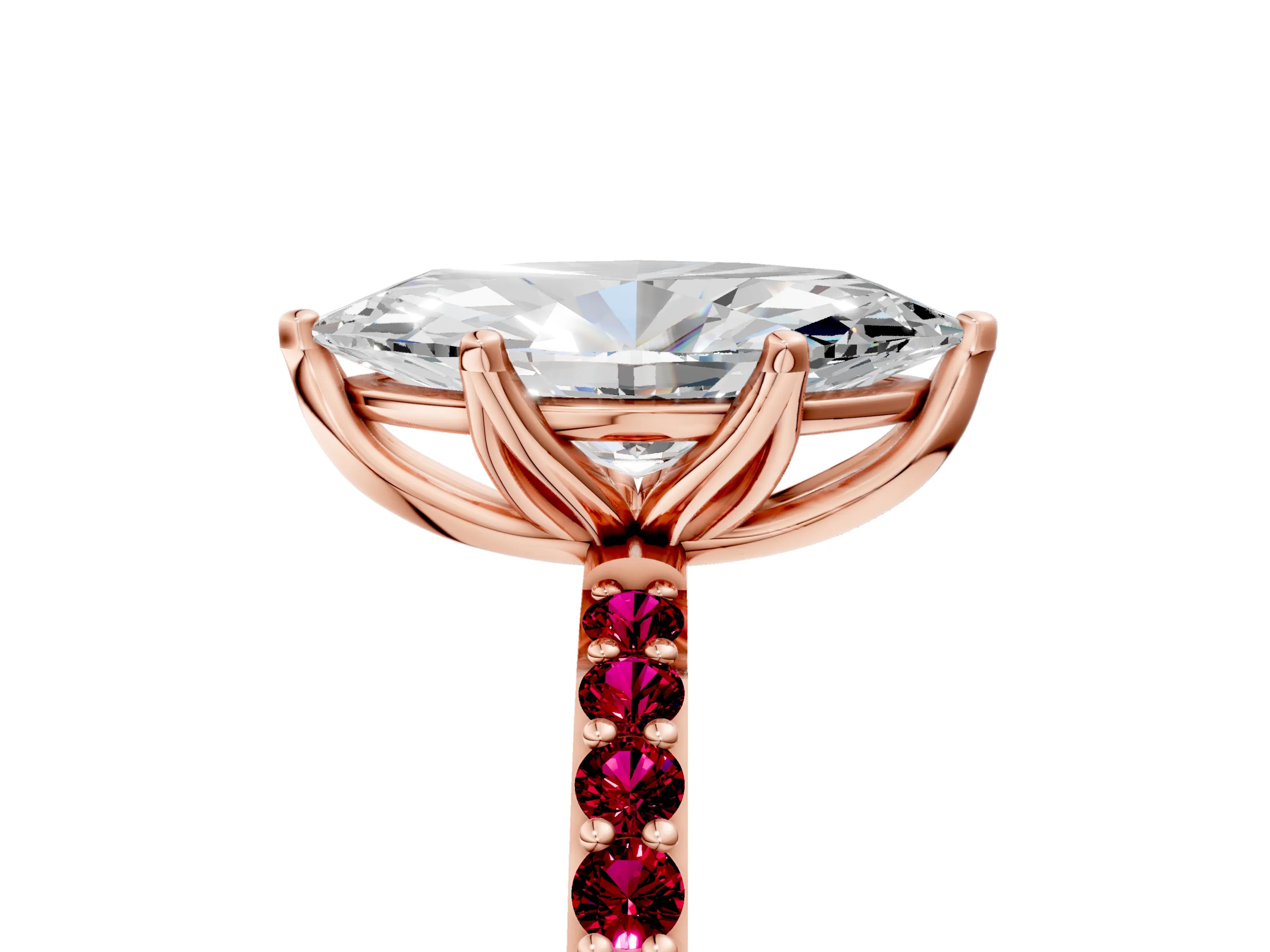 Rose gold Marquise Cut Diamond Solitaire Engagement Ring with Round with Garnet side stone Pavé Band and Prong Setting_5