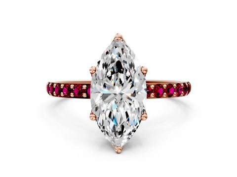 Rose gold Marquise Cut Diamond Solitaire Engagement Ring with Round with Garnet side stone Pavé Band and Prong Setting