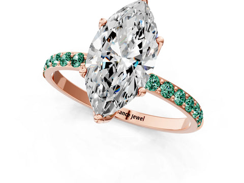 Rose gold Marquise Cut Diamond Solitaire Engagement Ring with Round with Green Sapphire side stone Pavé Band and Prong Setting_1