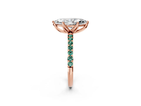 Rose gold Marquise Cut Diamond Solitaire Engagement Ring with Round with Green Sapphire side stone Pavé Band and Prong Setting_2