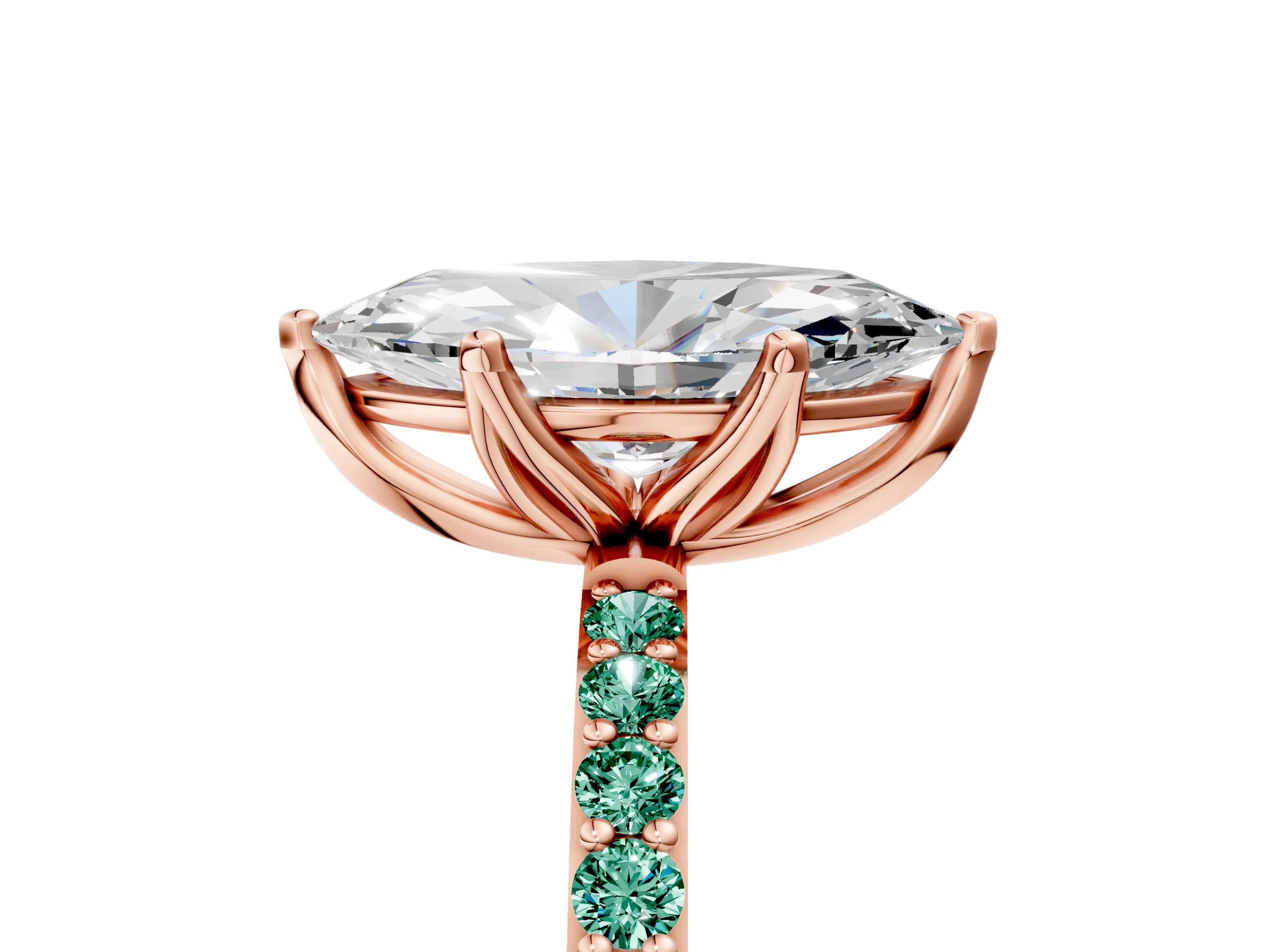Rose gold Marquise Cut Diamond Solitaire Engagement Ring with Round with Green Sapphire side stone Pavé Band and Prong Setting_5