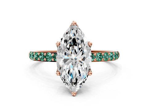 Rose gold Marquise Cut Diamond Solitaire Engagement Ring with Round with Green Sapphire side stone Pavé Band and Prong Setting