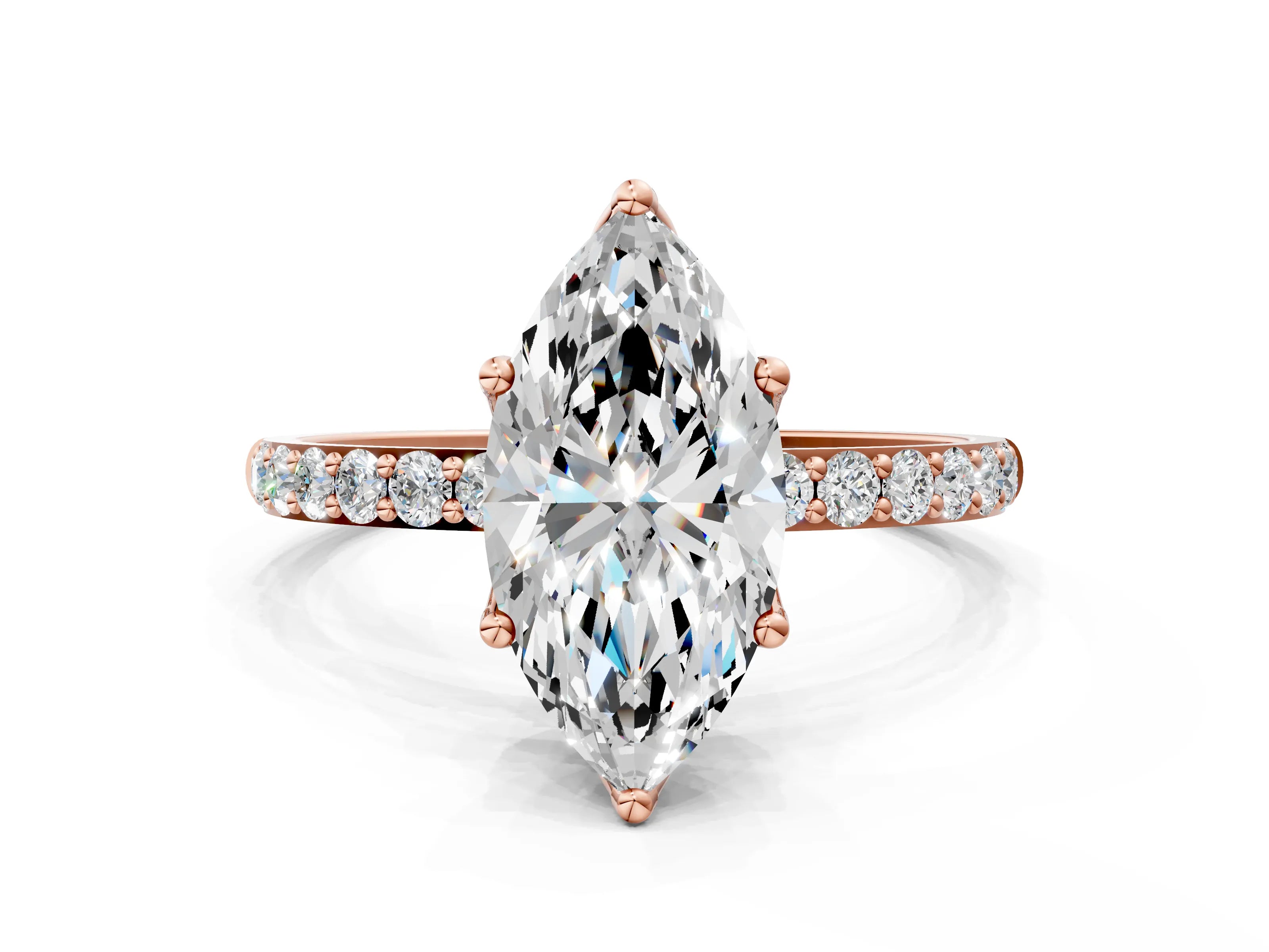 Rose gold Marquise Cut Diamond Solitaire Engagement Ring with Round with Moissanite side stone Pavé Band and Prong Setting