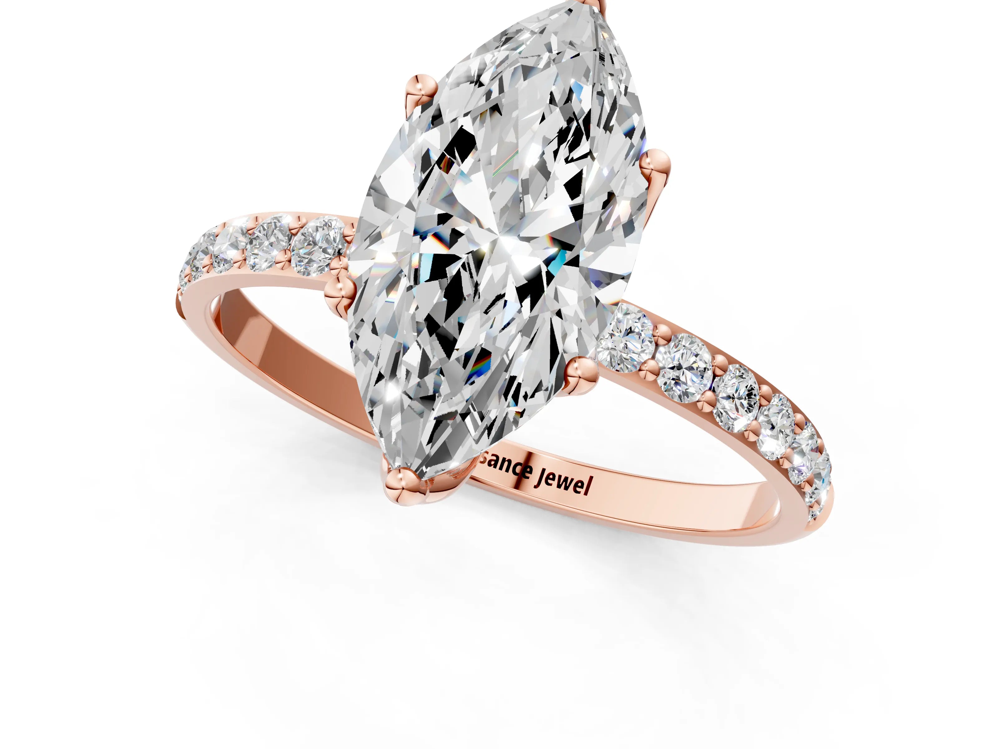 Rose gold Marquise Cut Diamond Solitaire Engagement Ring with Round with Moissanite side stone Pavé Band and Prong Setting_1