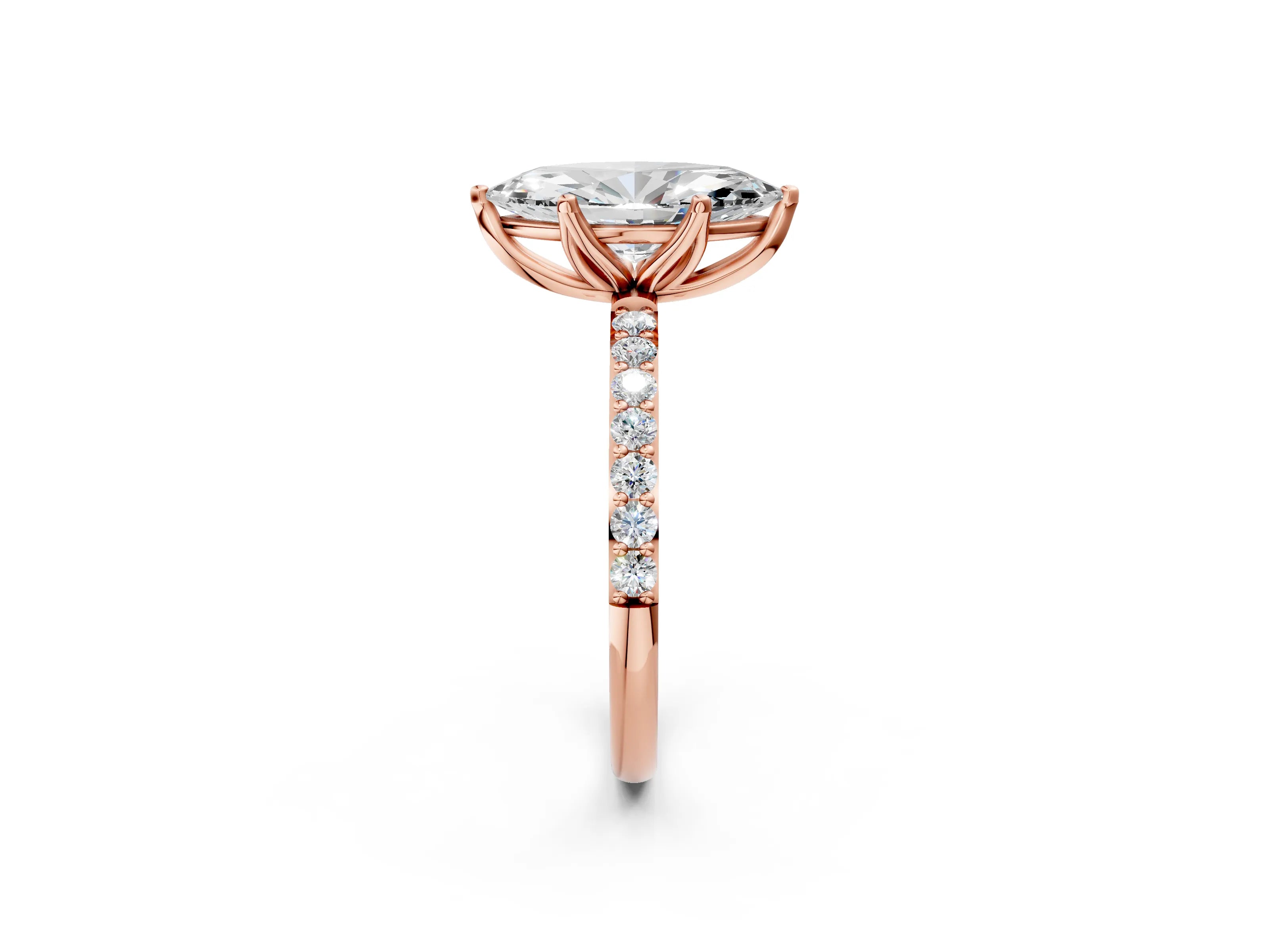 Rose gold Marquise Cut Diamond Solitaire Engagement Ring with Round with Moissanite side stone Pavé Band and Prong Setting_2