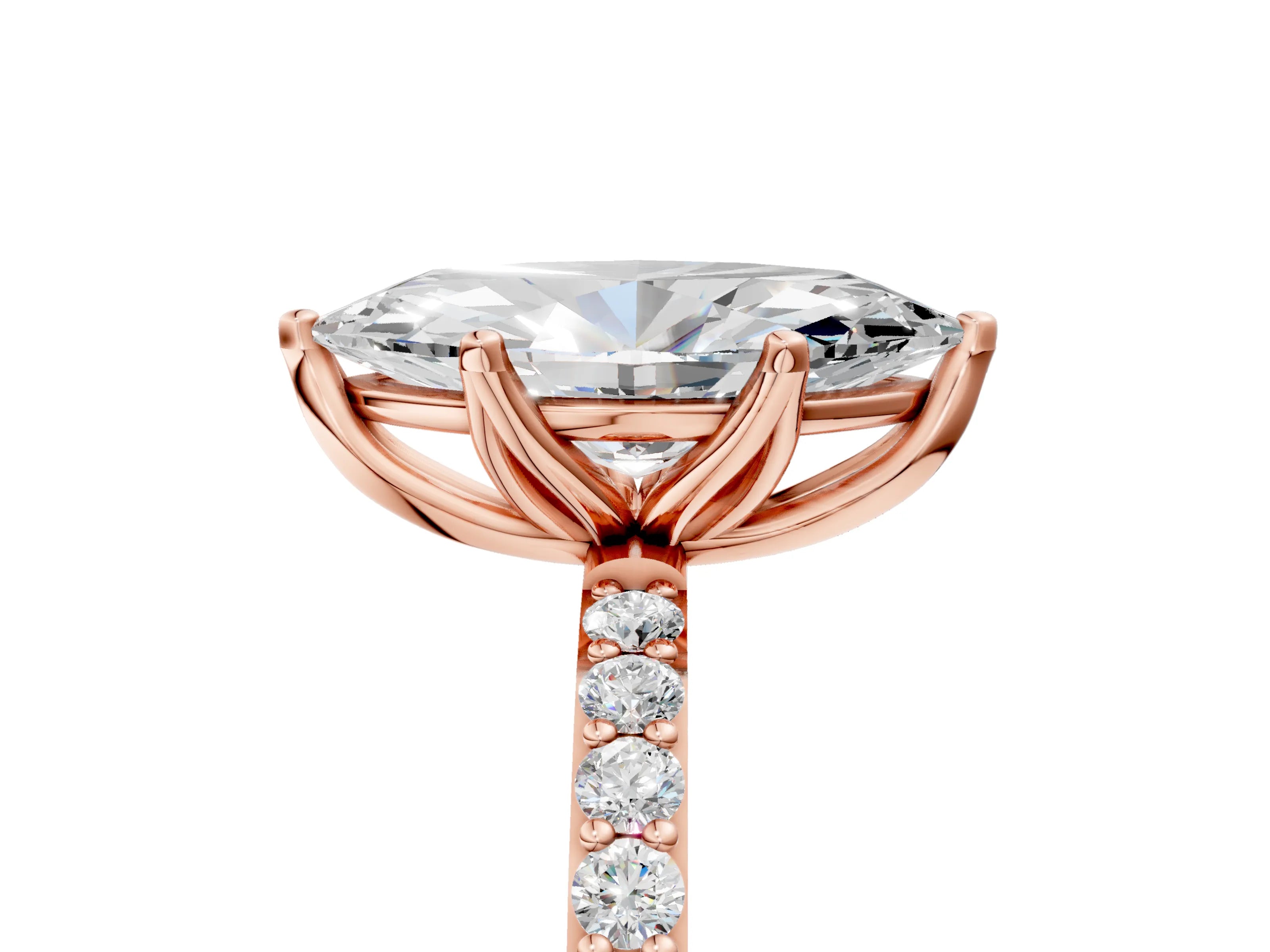 Rose gold Marquise Cut Diamond Solitaire Engagement Ring with Round with Moissanite side stone Pavé Band and Prong Setting_5