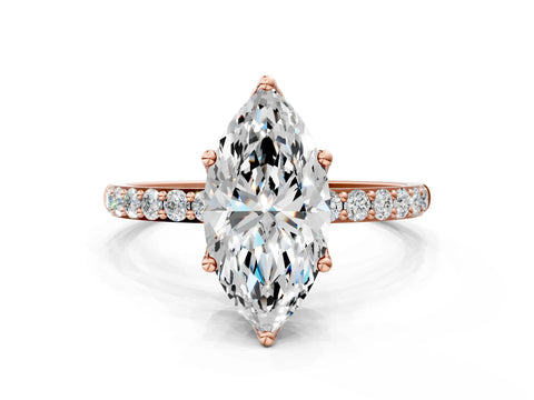 Rose gold Marquise Cut Diamond Solitaire Engagement Ring with Round with Moissanite side stone Pavé Band and Prong Setting