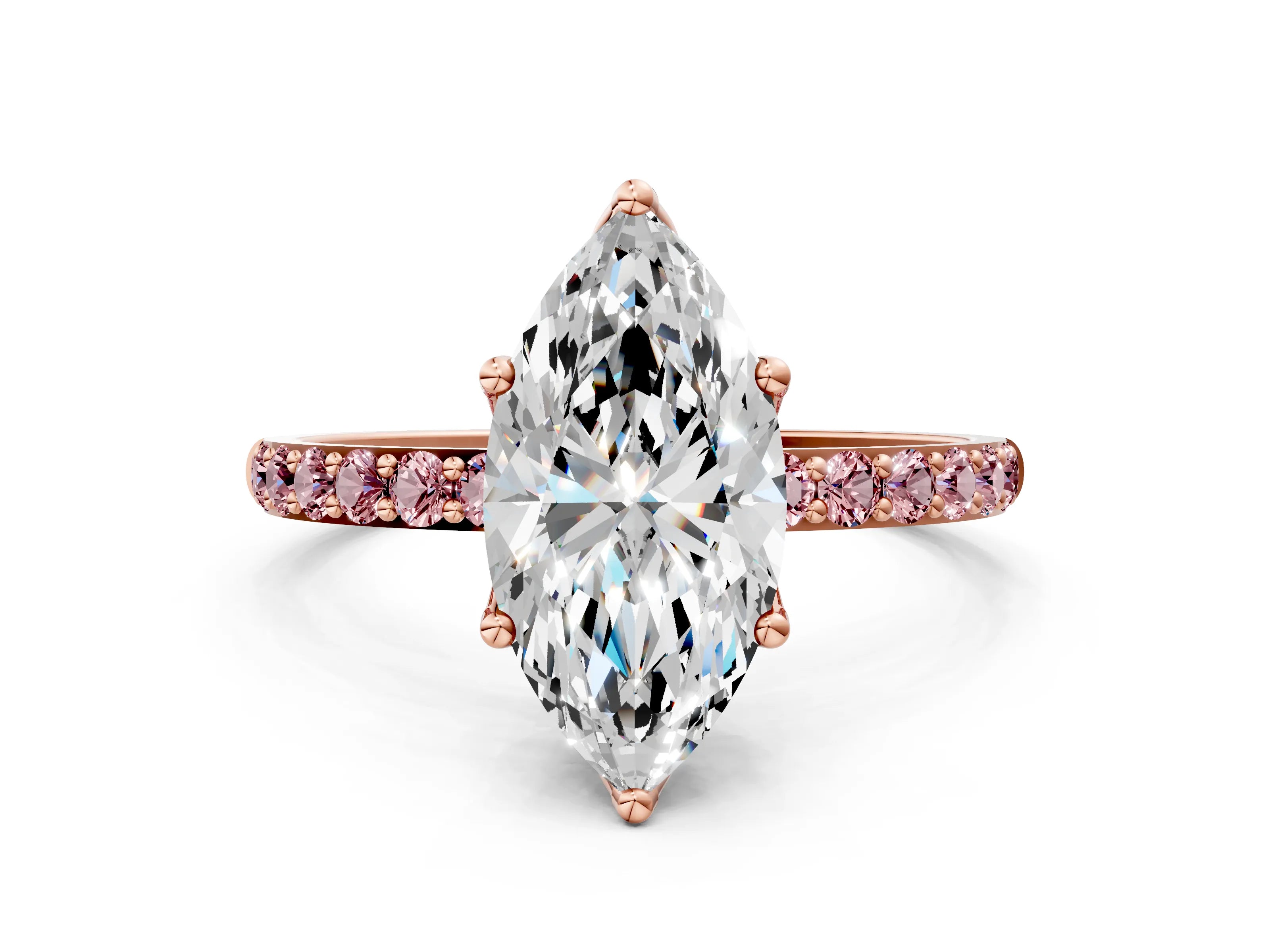 Rose gold Marquise Cut Diamond Solitaire Engagement Ring with Round with Morganite side stone Pavé Band and Prong Setting
