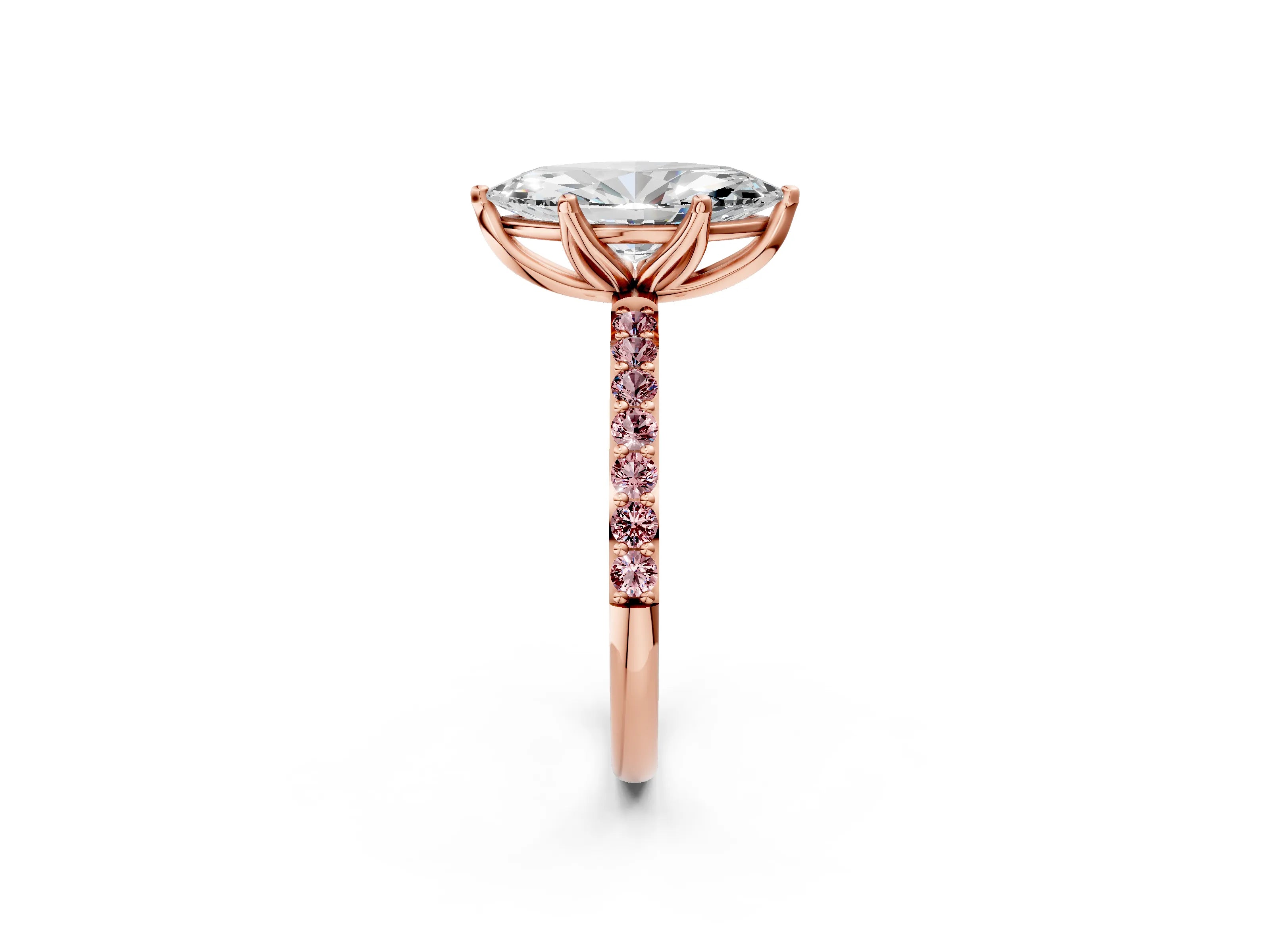 Rose gold Marquise Cut Diamond Solitaire Engagement Ring with Round with Morganite side stone Pavé Band and Prong Setting_2