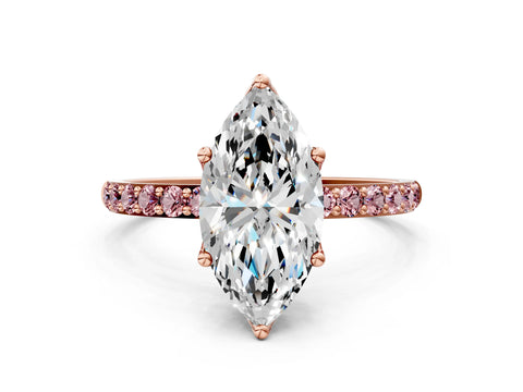 Rose gold Marquise Cut Diamond Solitaire Engagement Ring with Round with Morganite side stone Pavé Band and Prong Setting