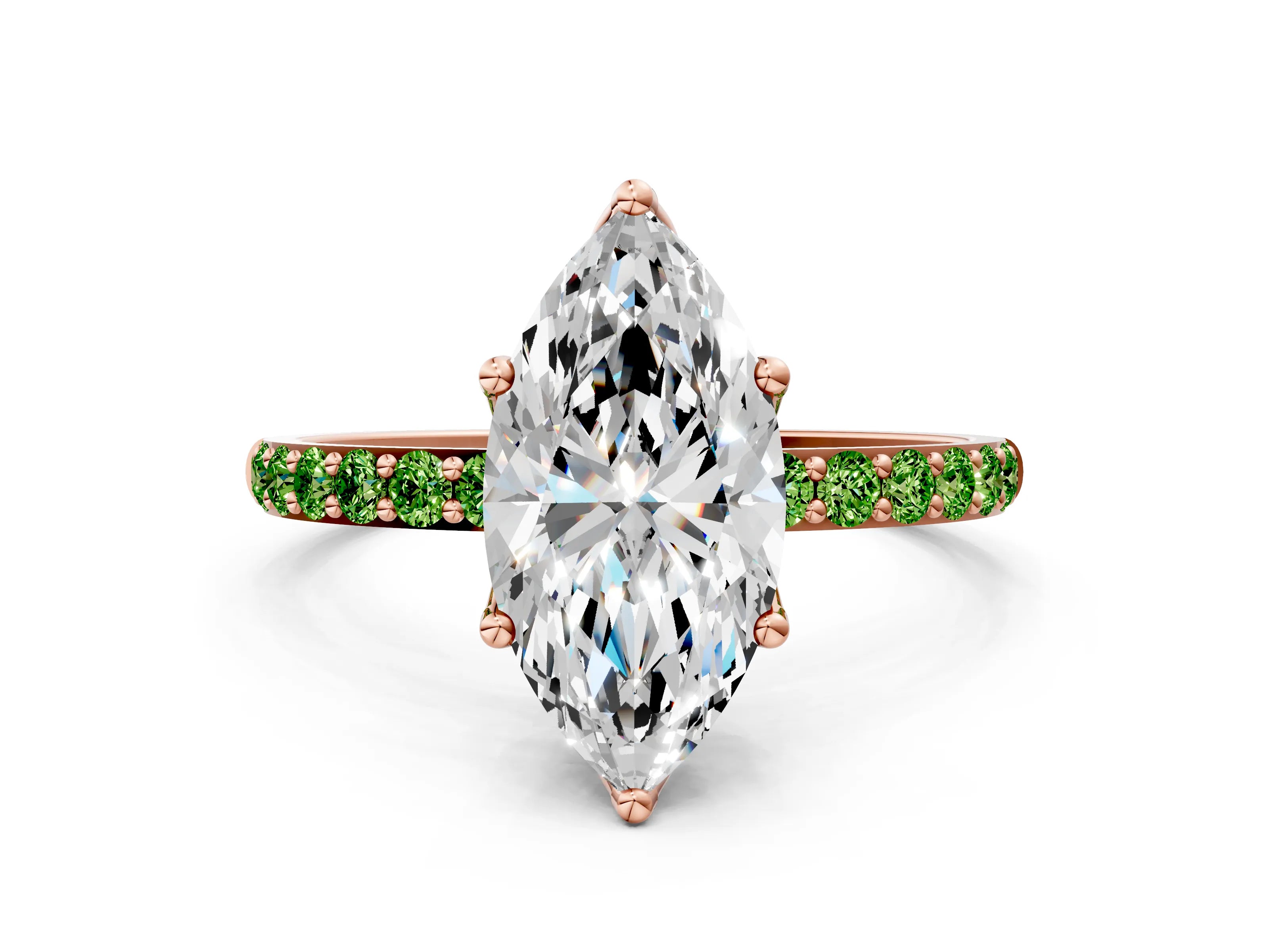 Rose gold Marquise Cut Diamond Solitaire Engagement Ring with Round with Peridot side stone Pavé Band and Prong Setting