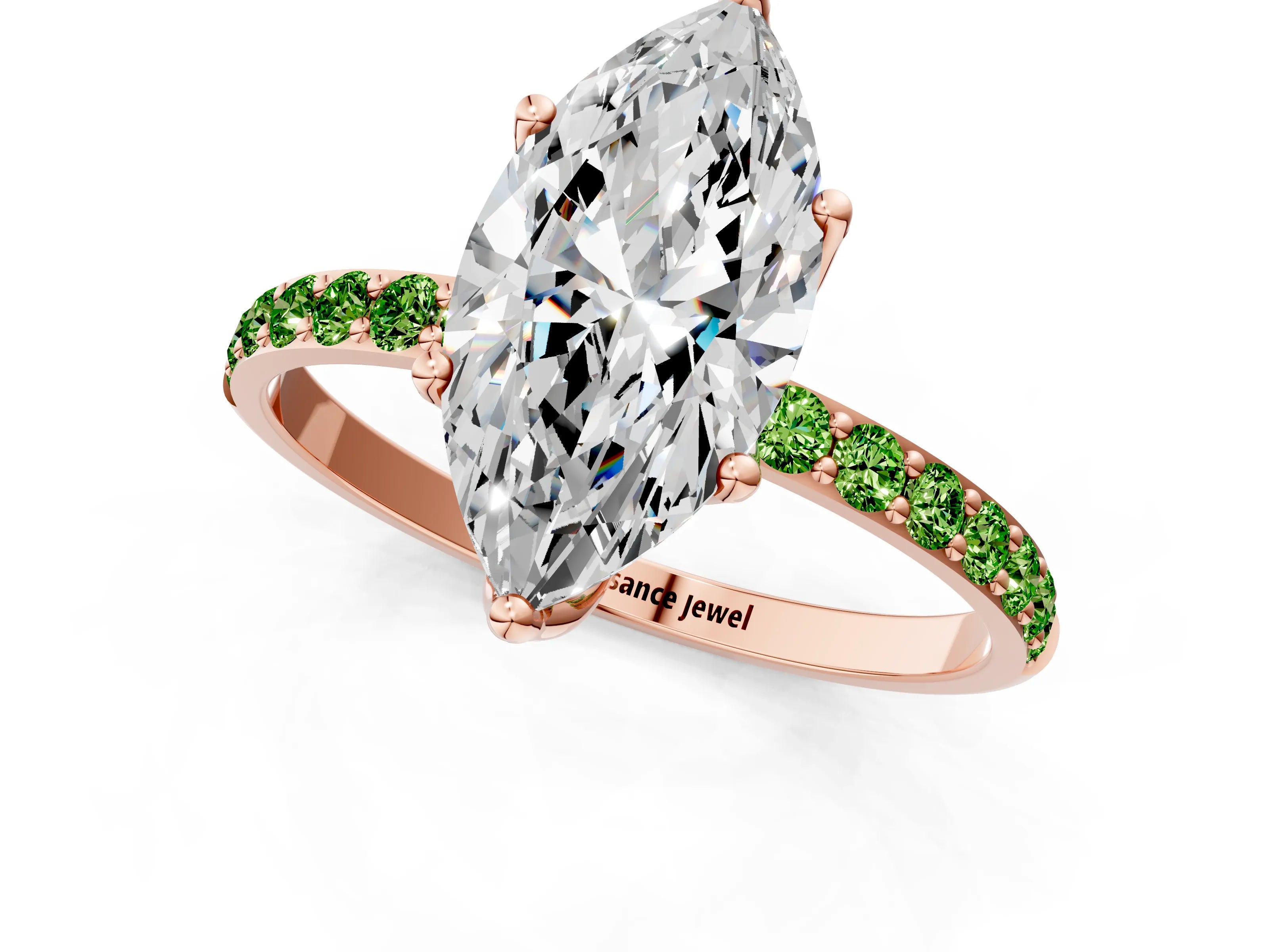 Rose gold Marquise Cut Diamond Solitaire Engagement Ring with Round with Peridot side stone Pavé Band and Prong Setting_1