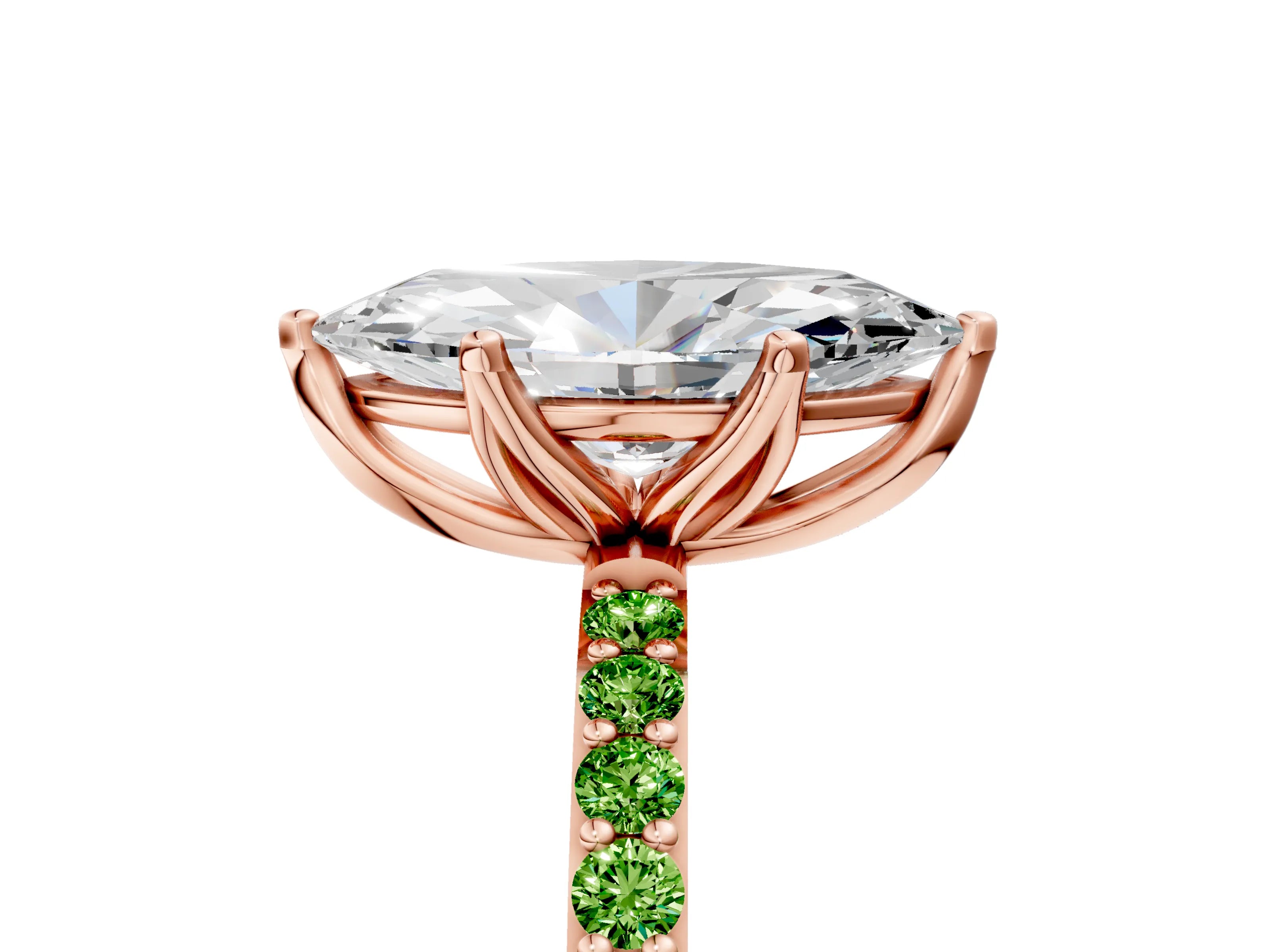 Rose gold Marquise Cut Diamond Solitaire Engagement Ring with Round with Peridot side stone Pavé Band and Prong Setting_5