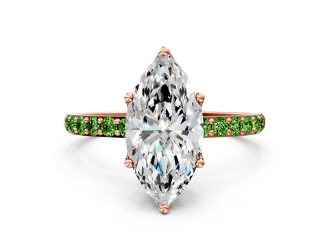 Rose gold Marquise Cut Diamond Solitaire Engagement Ring with Round with Peridot side stone Pavé Band and Prong Setting