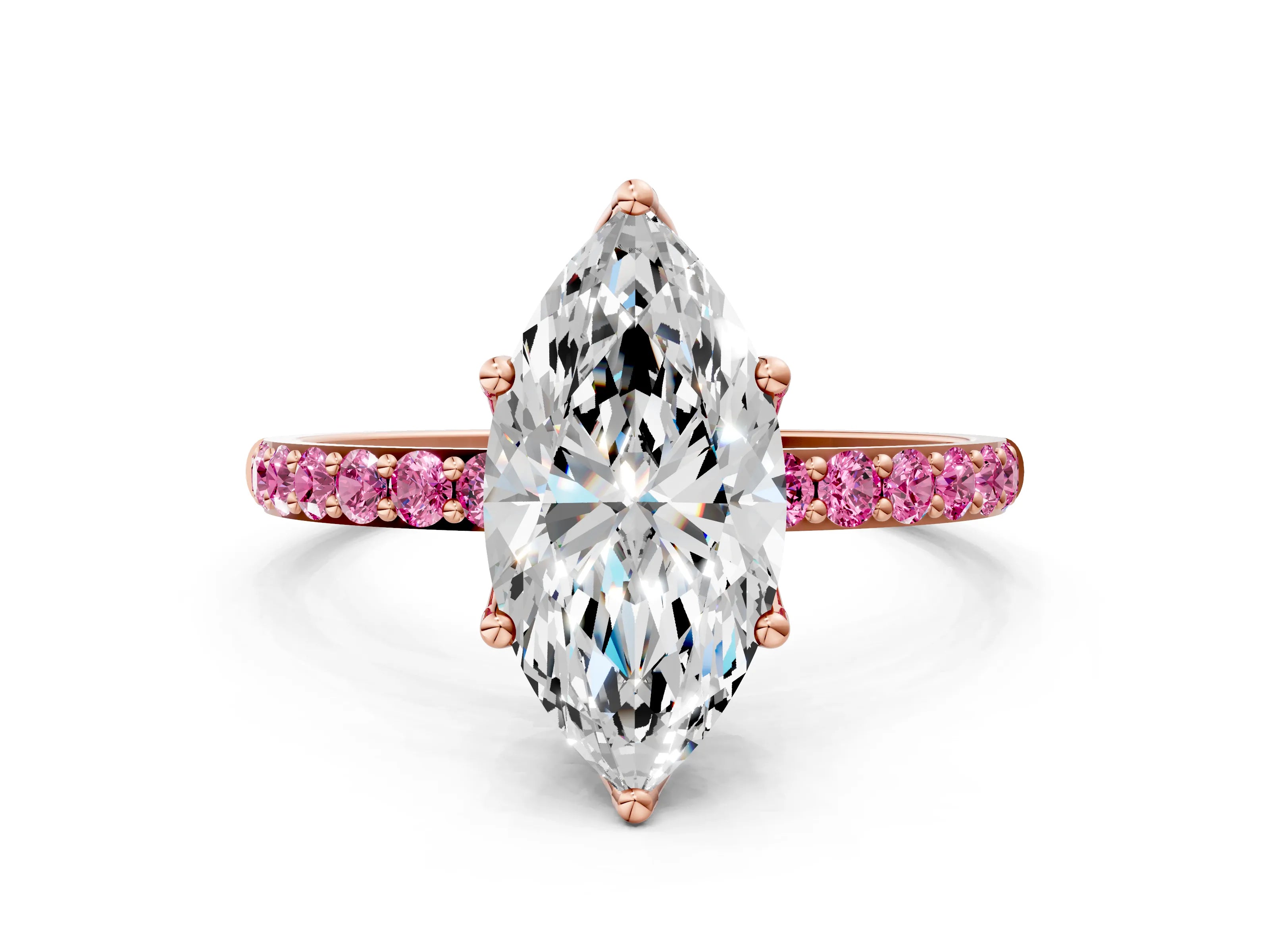 Rose gold Marquise Cut Diamond Solitaire Engagement Ring with Round with Pink Sapphire side stone Pavé Band and Prong Setting