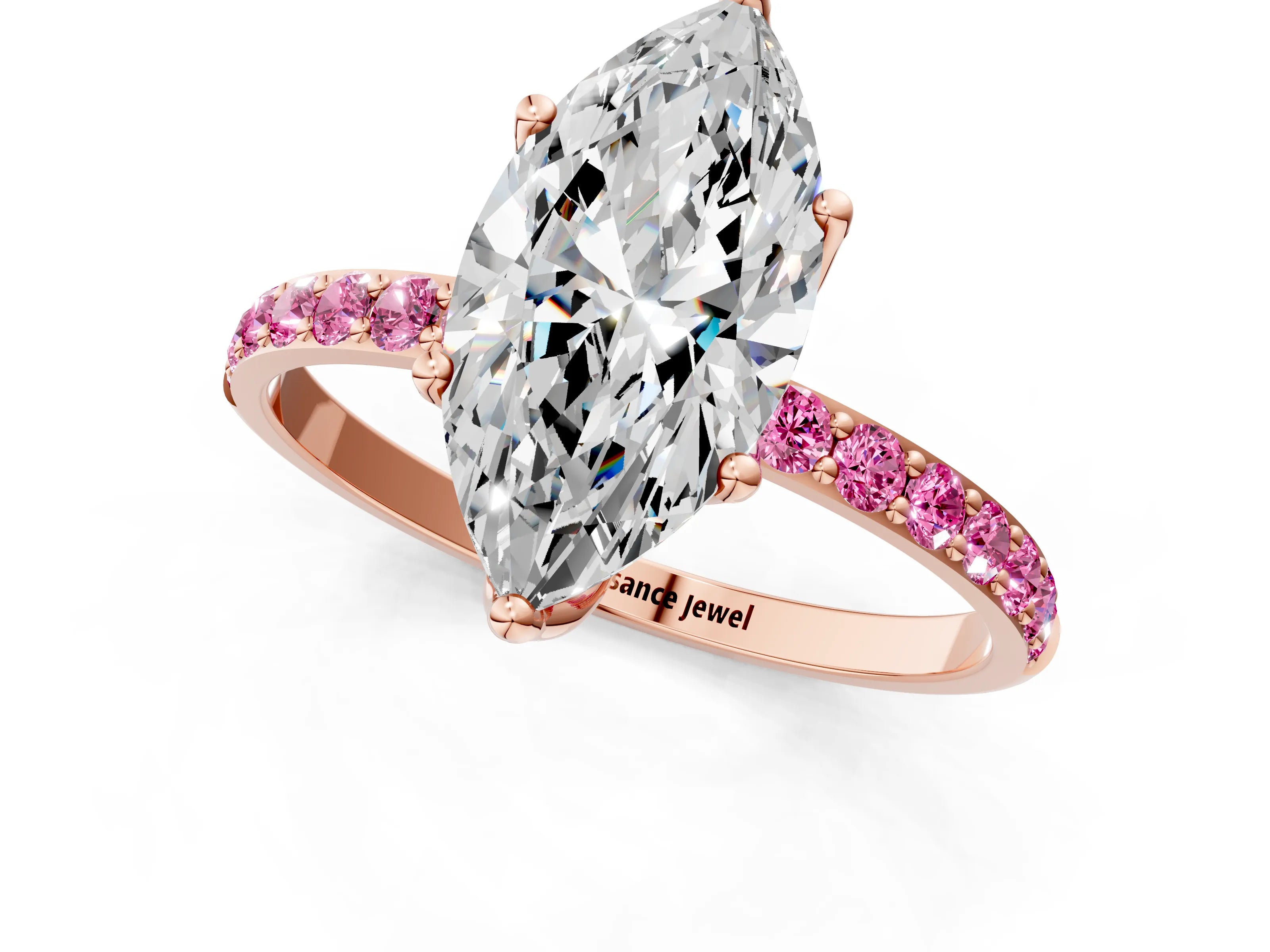 Rose gold Marquise Cut Diamond Solitaire Engagement Ring with Round with Pink Sapphire side stone Pavé Band and Prong Setting_1