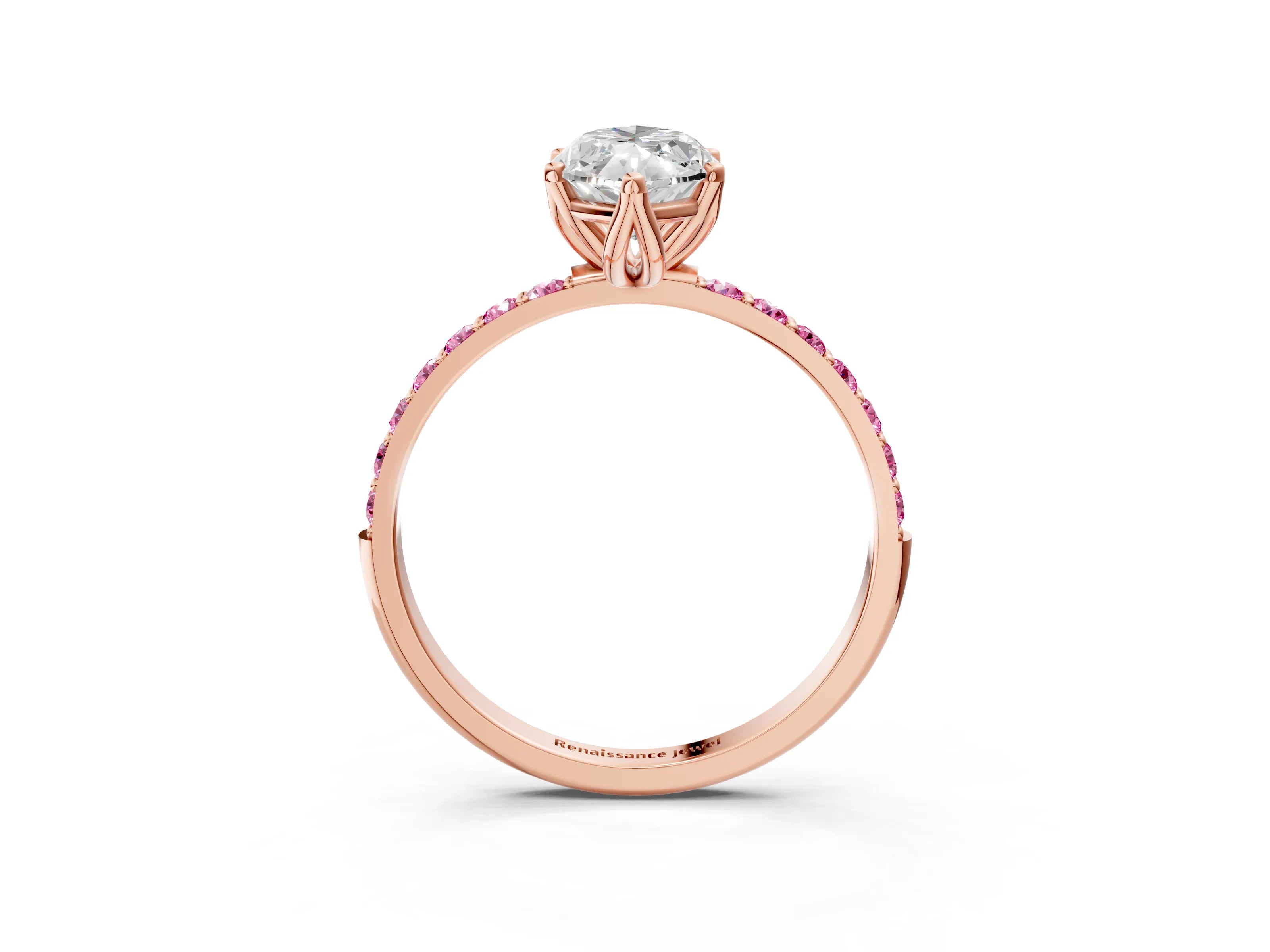 Rose gold Marquise Cut Diamond Solitaire Engagement Ring with Round with Pink Sapphire side stone Pavé Band and Prong Setting_3