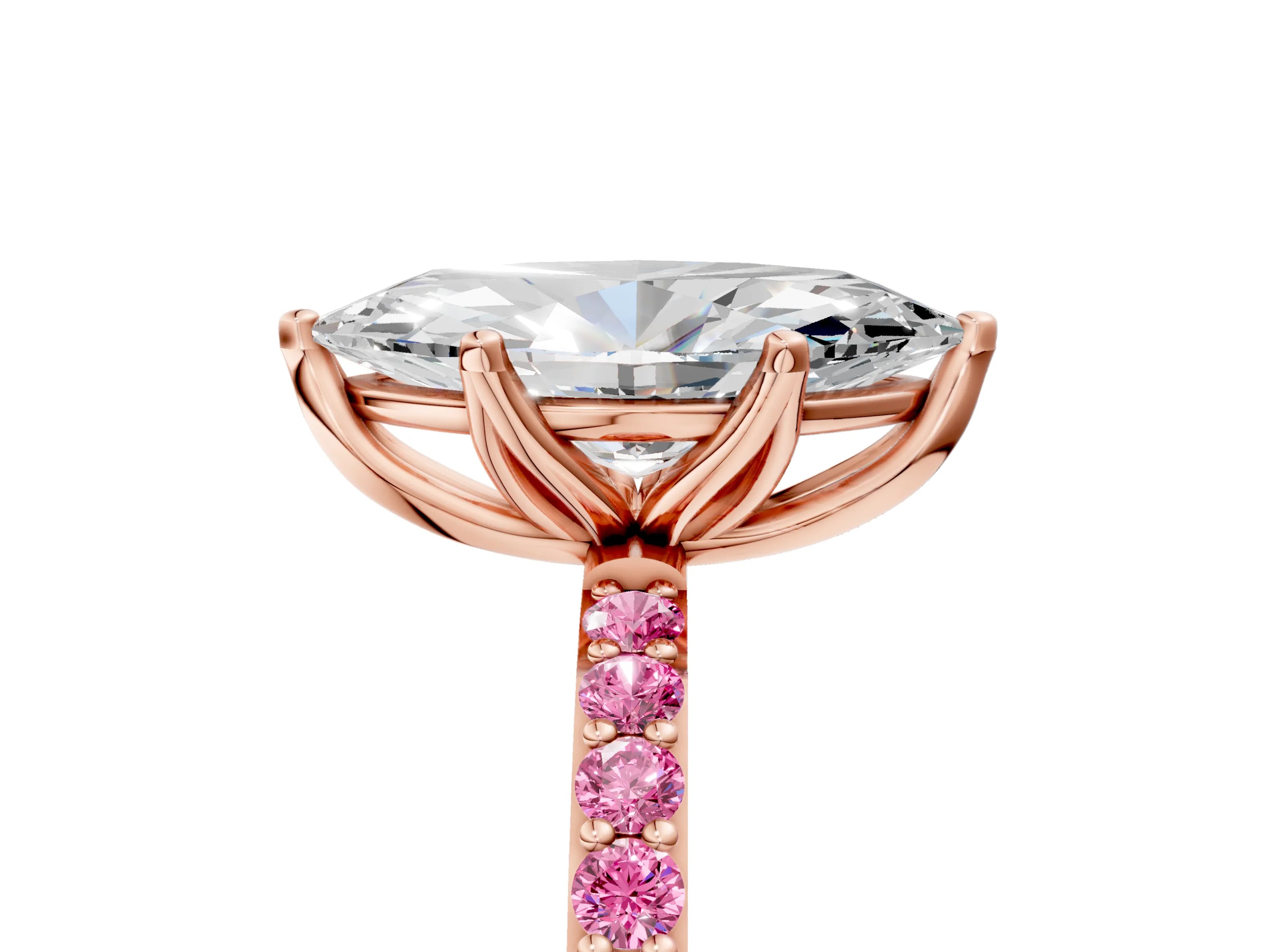 Rose gold Marquise Cut Diamond Solitaire Engagement Ring with Round with Pink Sapphire side stone Pavé Band and Prong Setting_5
