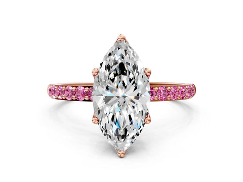 Rose gold Marquise Cut Diamond Solitaire Engagement Ring with Round with Pink Sapphire side stone Pavé Band and Prong Setting