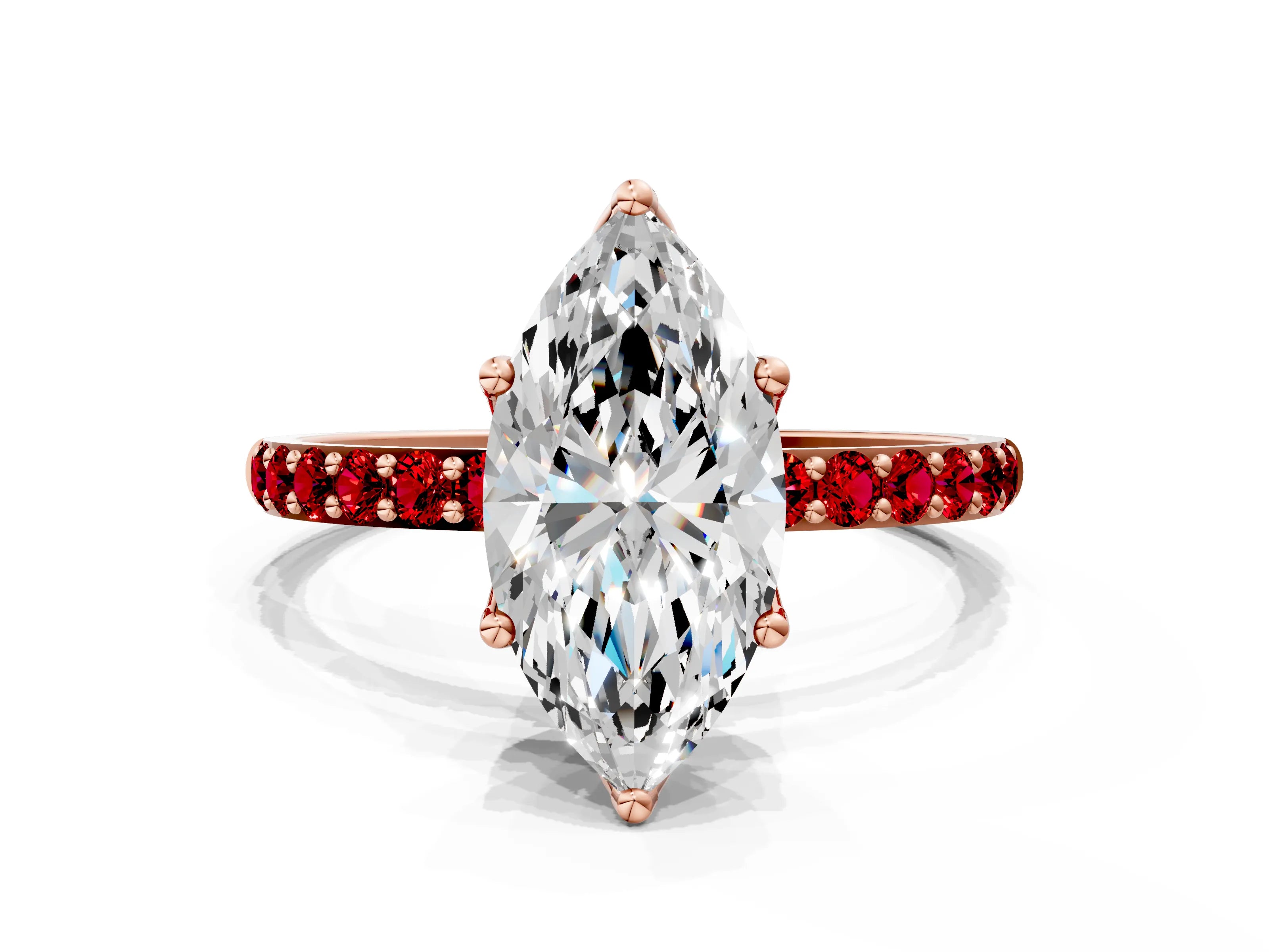 Rose gold Marquise Cut Diamond Solitaire Engagement Ring with Round with Ruby side stone Pavé Band and Prong Setting