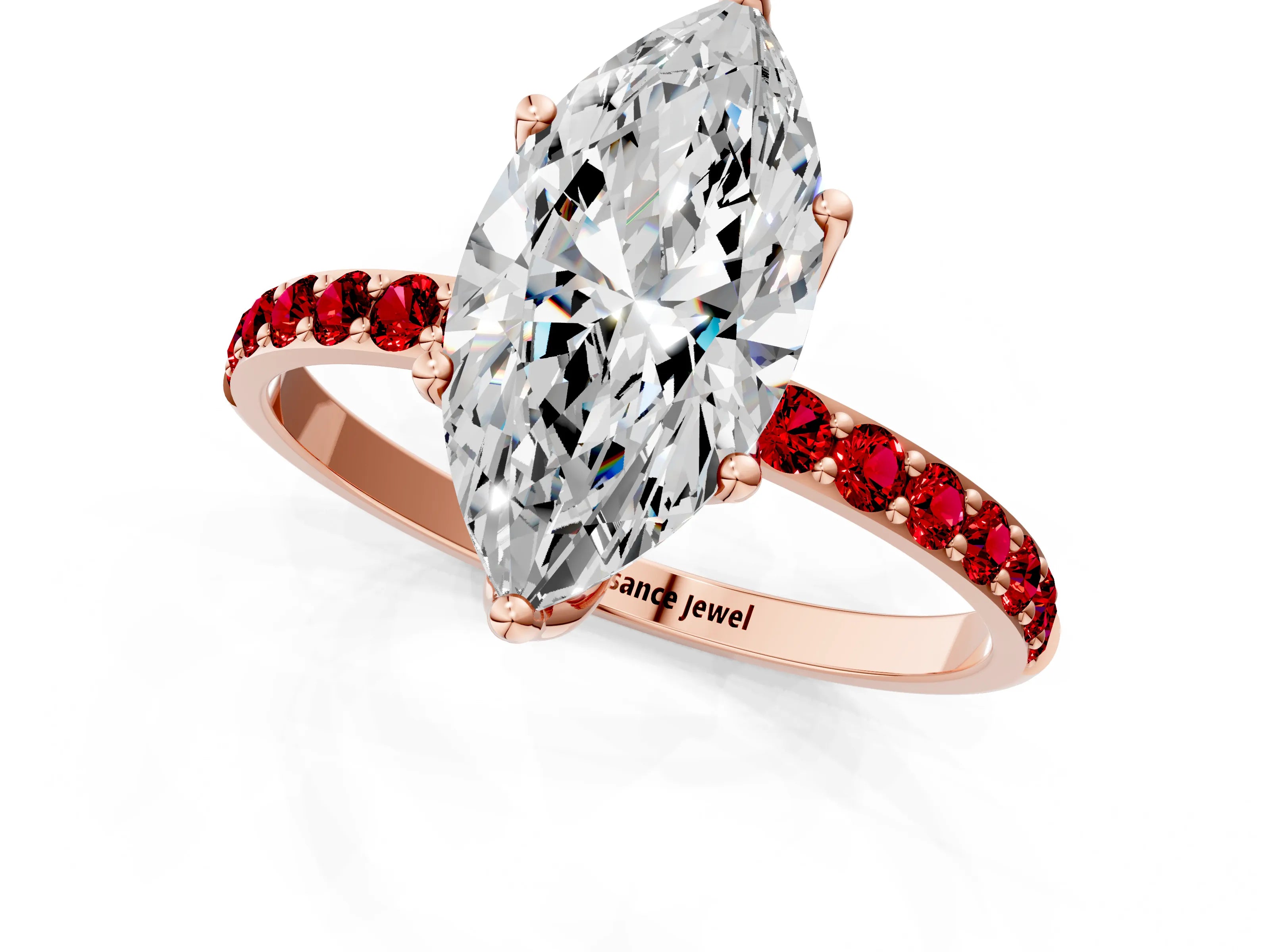 Rose gold Marquise Cut Diamond Solitaire Engagement Ring with Round with Ruby side stone Pavé Band and Prong Setting_1
