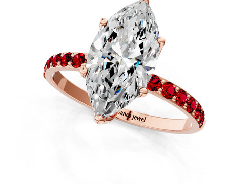 Rose gold Marquise Cut Diamond Solitaire Engagement Ring with Round with Ruby side stone Pavé Band and Prong Setting_1