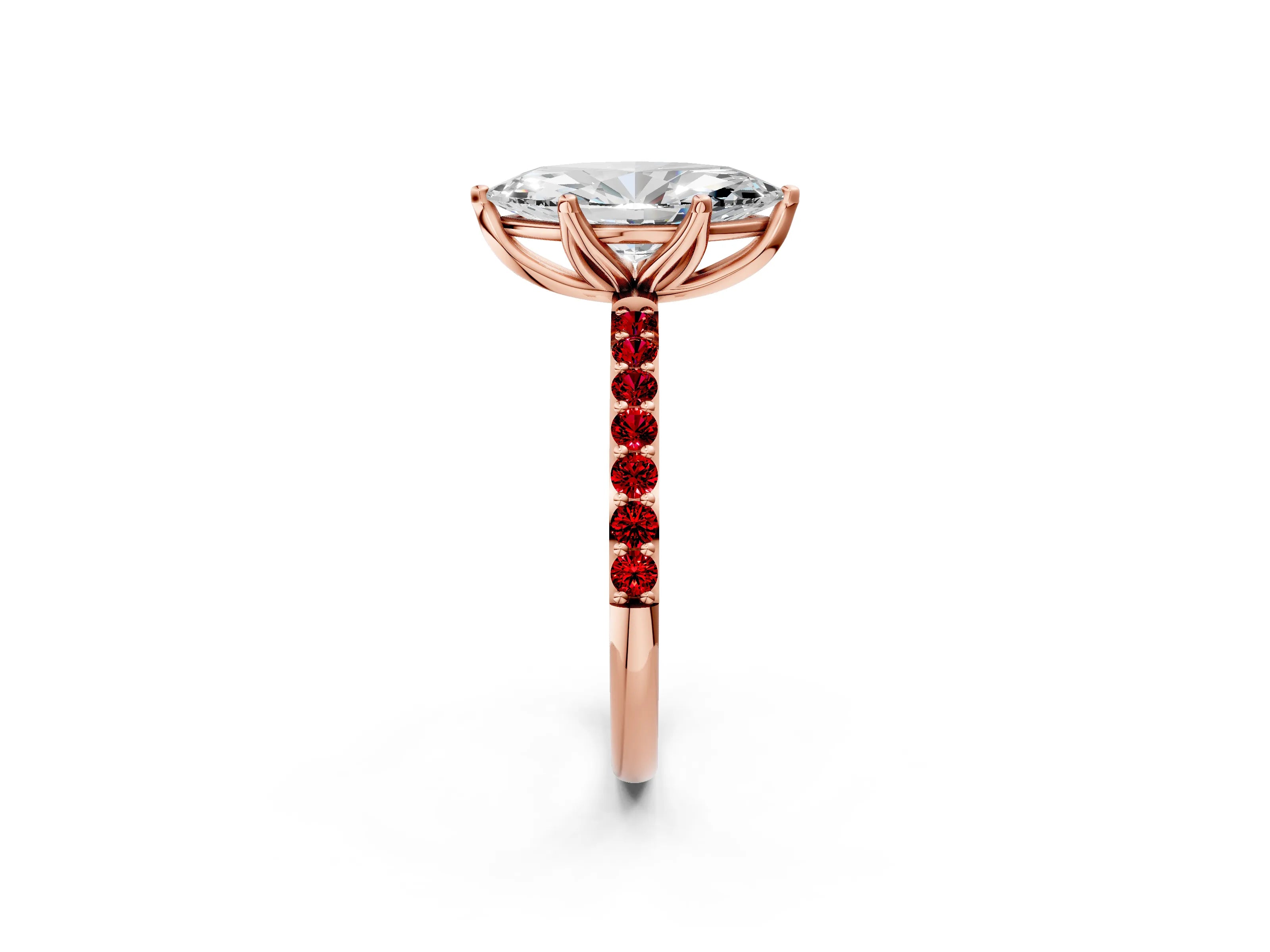 Rose gold Marquise Cut Diamond Solitaire Engagement Ring with Round with Ruby side stone Pavé Band and Prong Setting_2