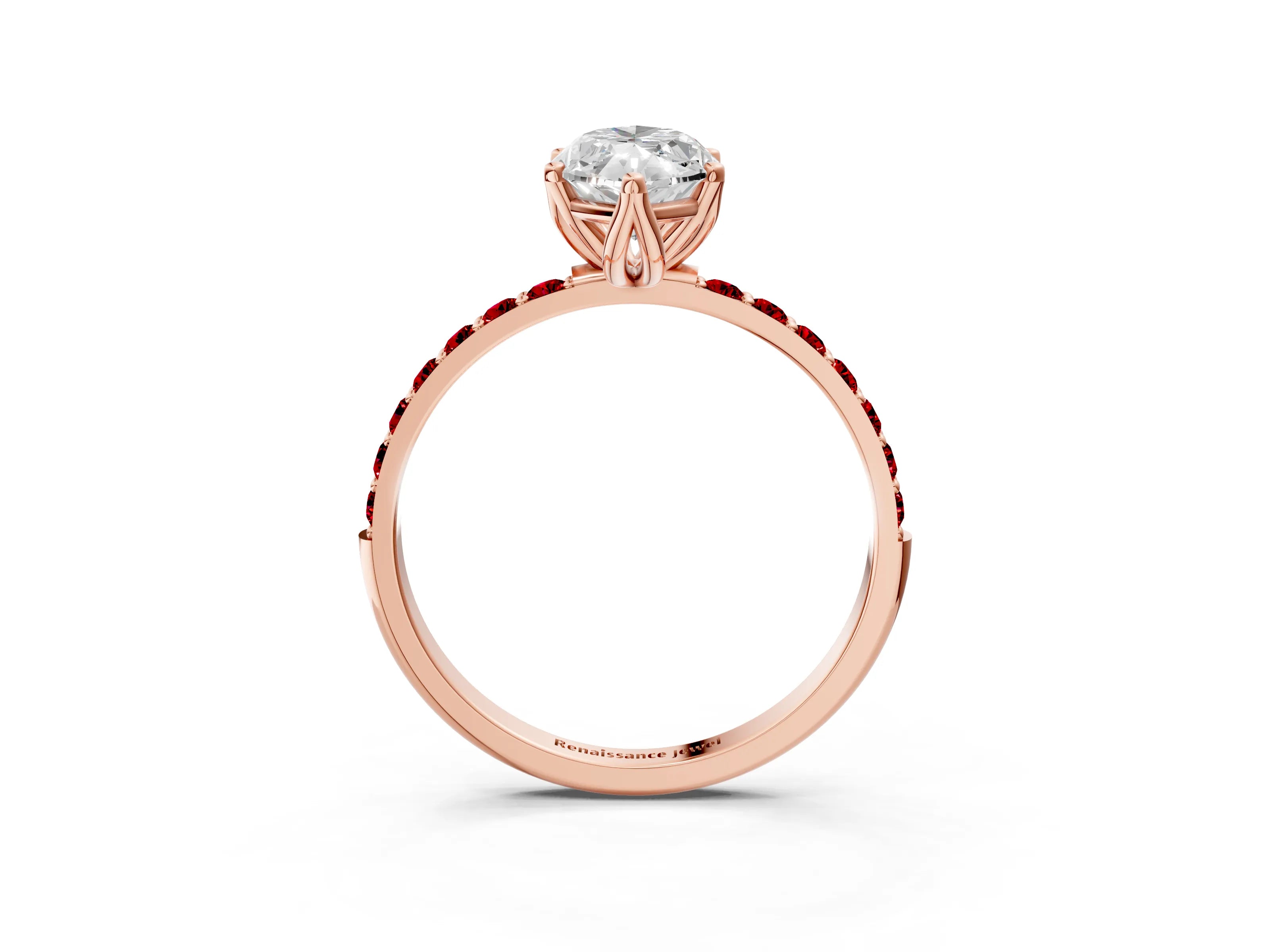 Rose gold Marquise Cut Diamond Solitaire Engagement Ring with Round with Ruby side stone Pavé Band and Prong Setting_3