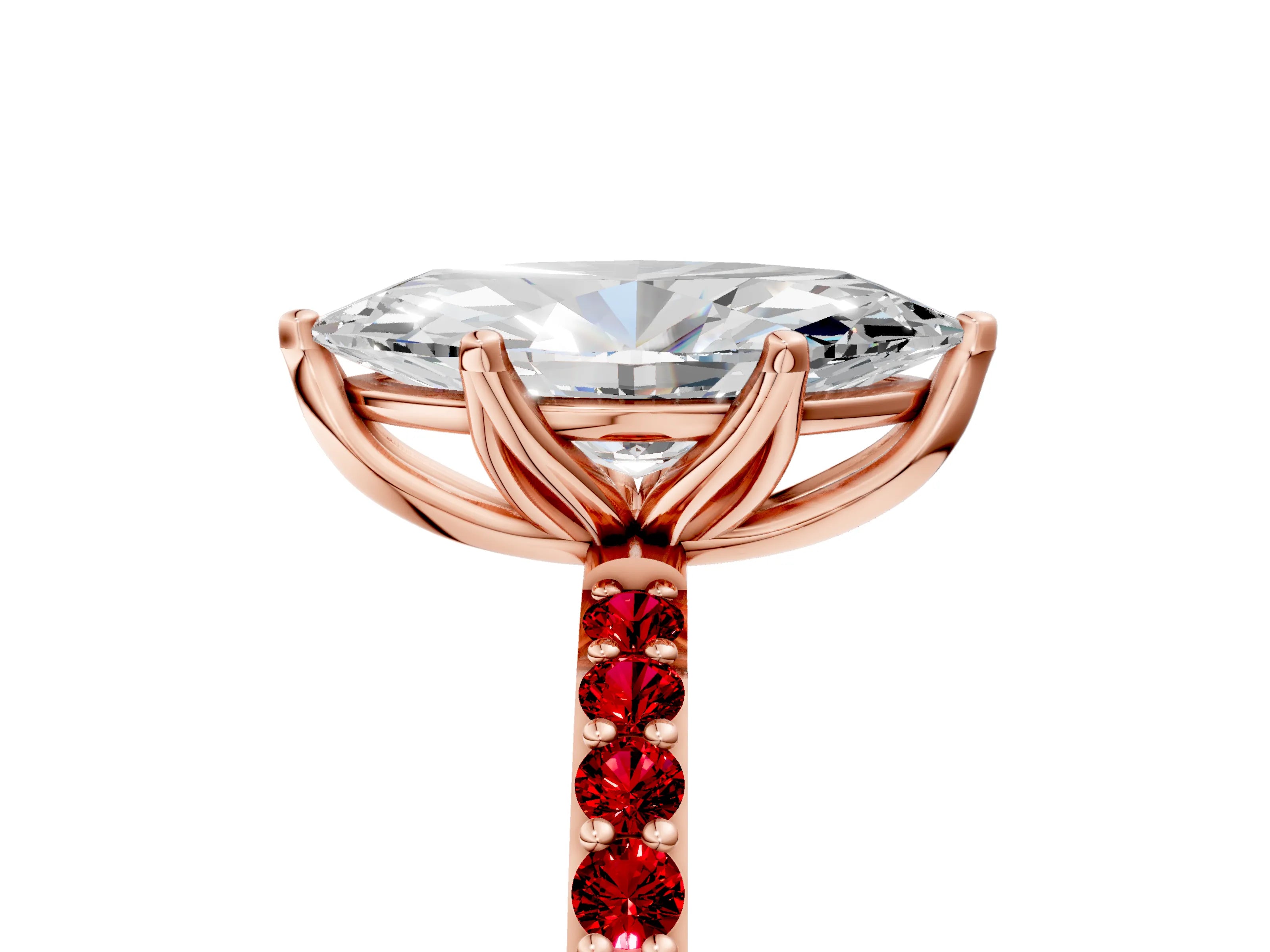 Rose gold Marquise Cut Diamond Solitaire Engagement Ring with Round with Ruby side stone Pavé Band and Prong Setting_5