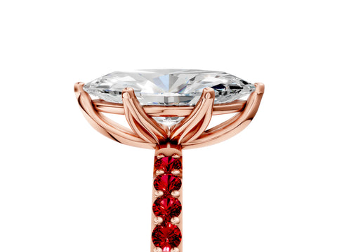 Rose gold Marquise Cut Diamond Solitaire Engagement Ring with Round with Ruby side stone Pavé Band and Prong Setting_5