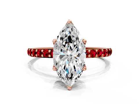 Rose gold Marquise Cut Diamond Solitaire Engagement Ring with Round with Ruby side stone Pavé Band and Prong Setting