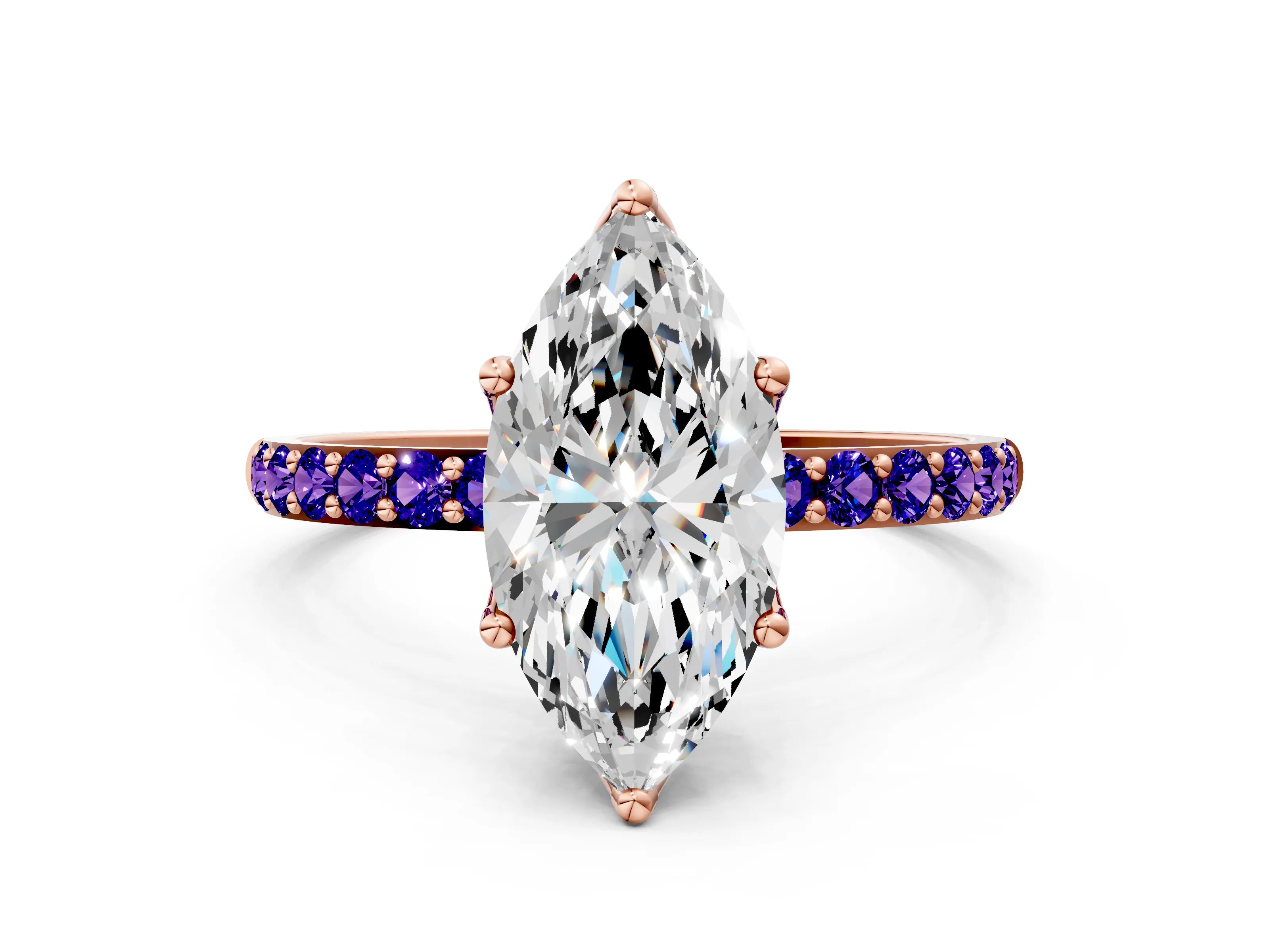 Rose gold Marquise Cut Diamond Solitaire Engagement Ring with Round with Tanzanite side stone Pavé Band and Prong Setting