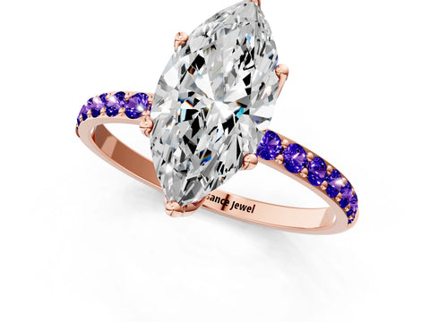 Rose gold Marquise Cut Diamond Solitaire Engagement Ring with Round with Tanzanite side stone Pavé Band and Prong Setting_1