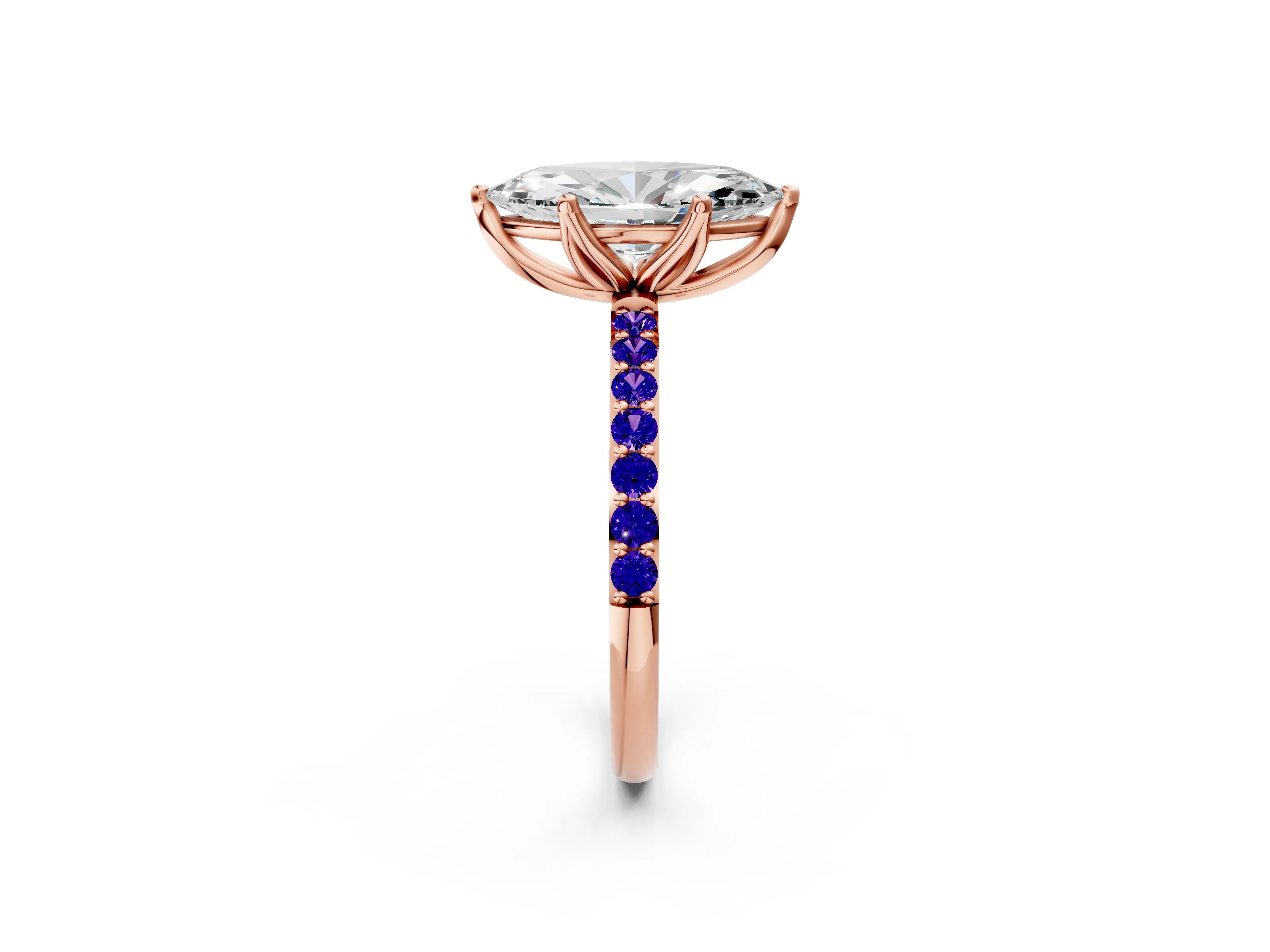 Rose gold Marquise Cut Diamond Solitaire Engagement Ring with Round with Tanzanite side stone Pavé Band and Prong Setting_2
