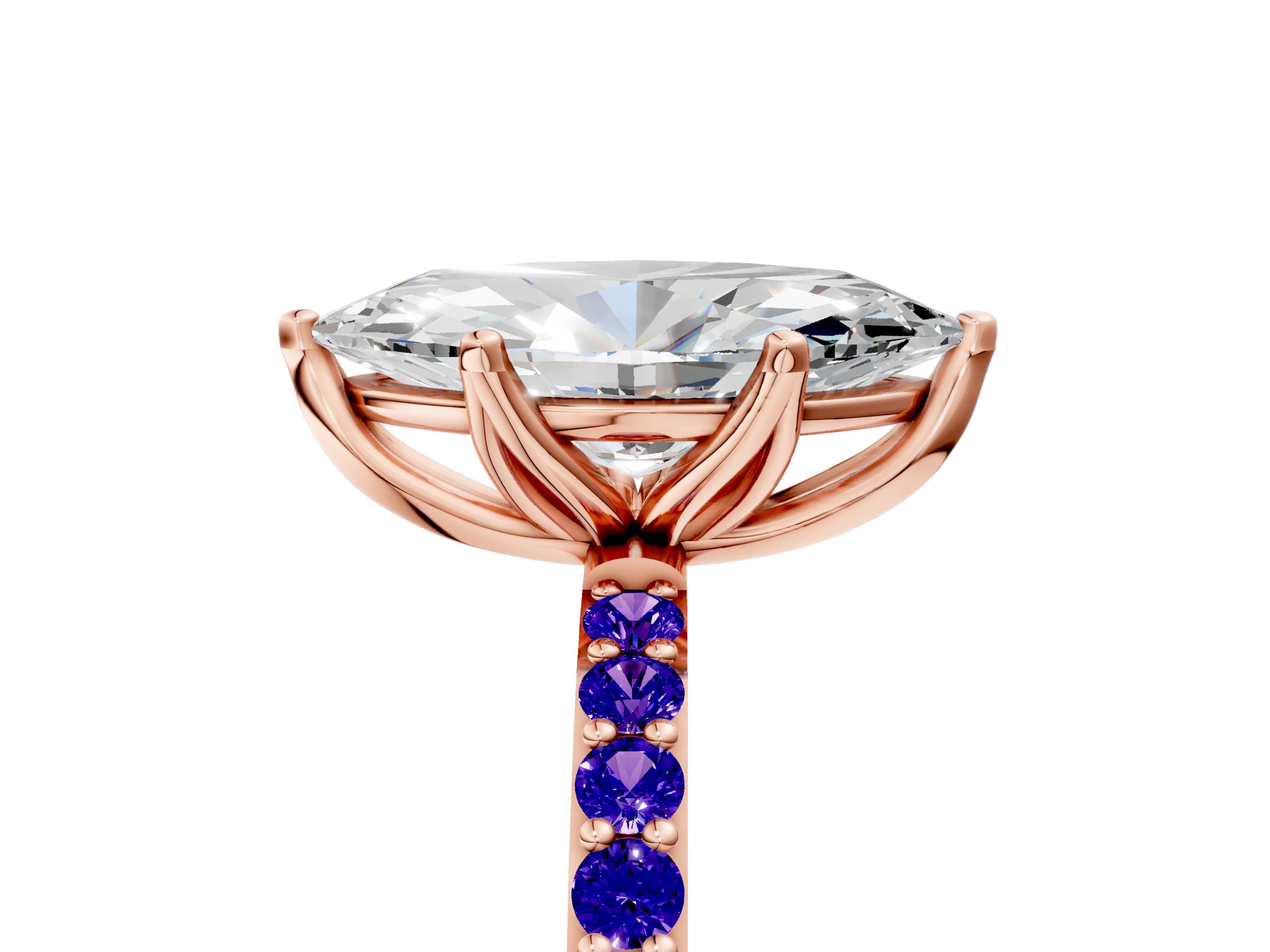 Rose gold Marquise Cut Diamond Solitaire Engagement Ring with Round with Tanzanite side stone Pavé Band and Prong Setting_5