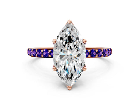 Rose gold Marquise Cut Diamond Solitaire Engagement Ring with Round with Tanzanite side stone Pavé Band and Prong Setting