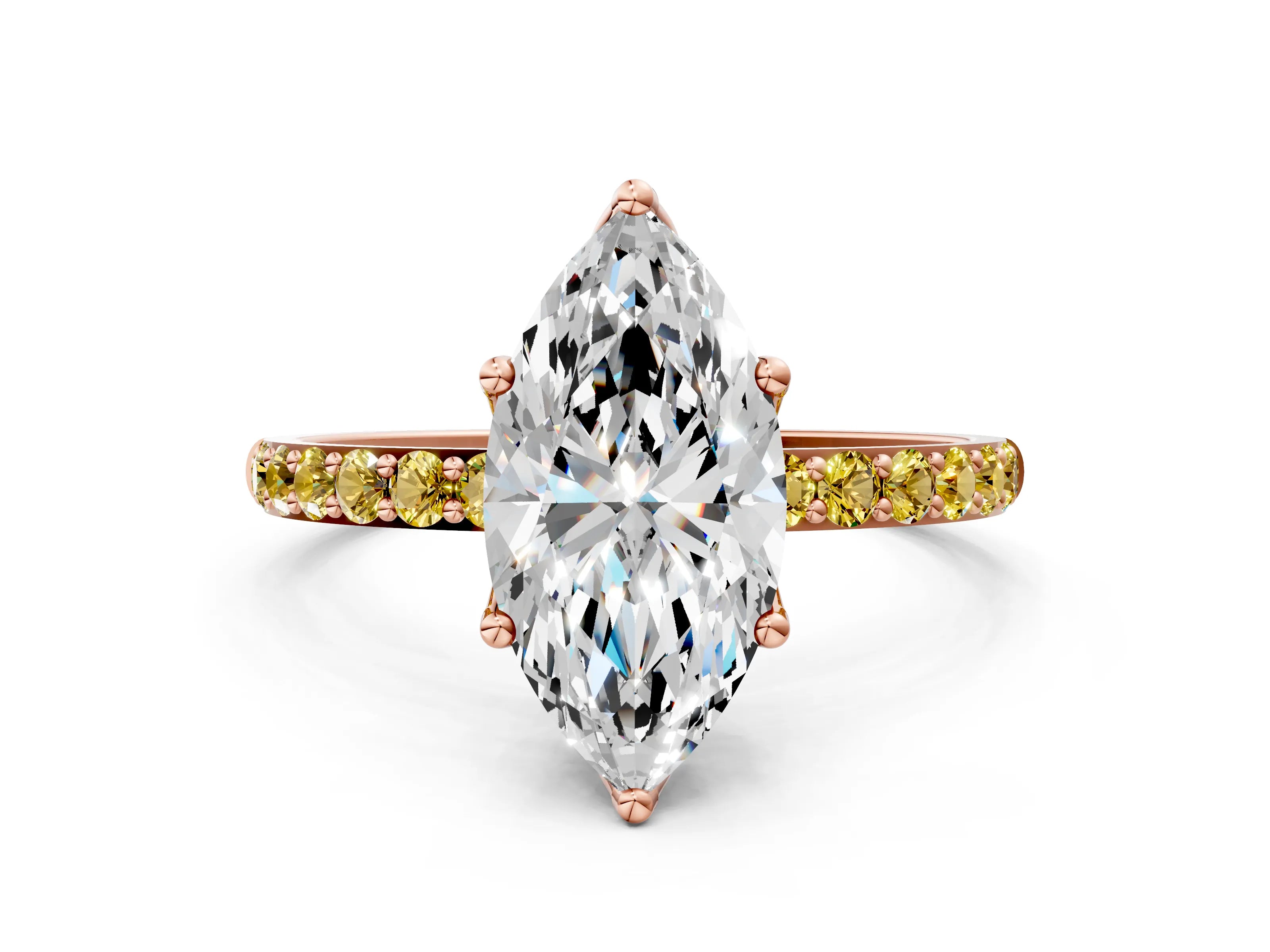 Rose gold Marquise Cut Diamond Solitaire Engagement Ring with Round with Yellow Sapphire side stone Pavé Band and Prong Setting