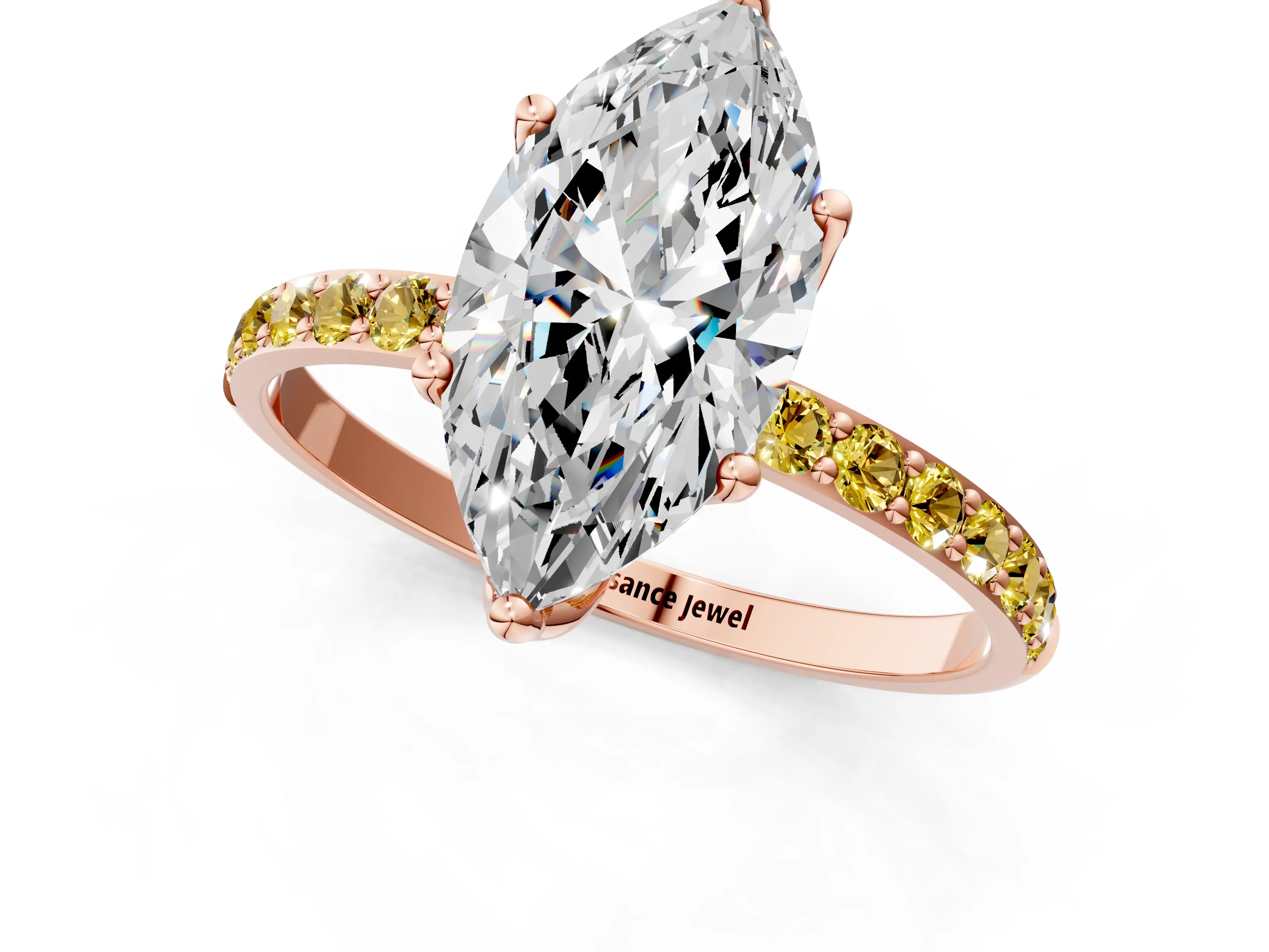 Rose gold Marquise Cut Diamond Solitaire Engagement Ring with Round with Yellow Sapphire side stone Pavé Band and Prong Setting_1