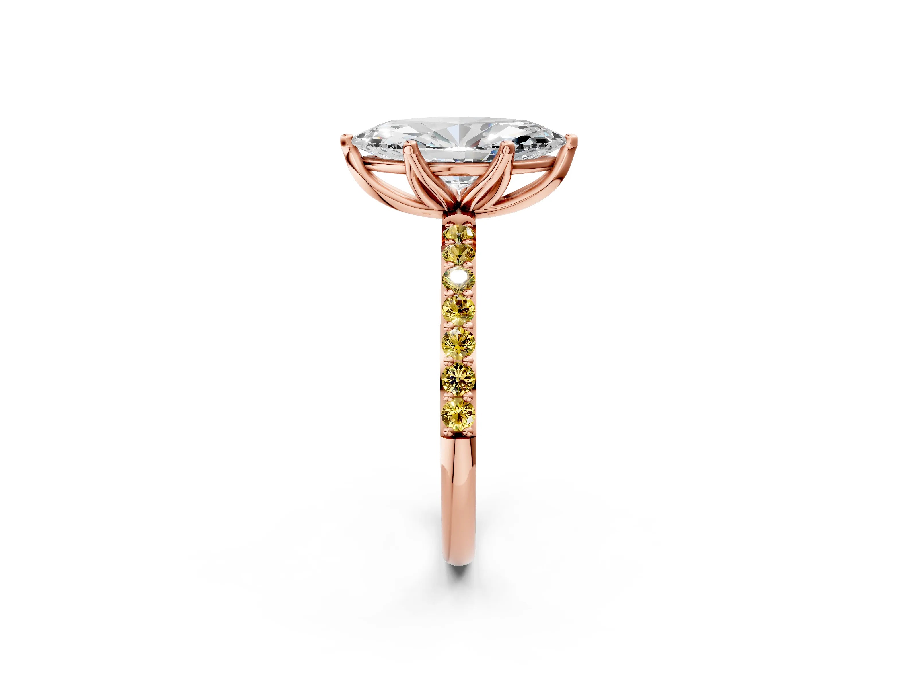 Rose gold Marquise Cut Diamond Solitaire Engagement Ring with Round with Yellow Sapphire side stone Pavé Band and Prong Setting_2