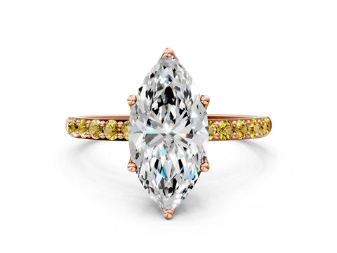 Rose gold Marquise Cut Diamond Solitaire Engagement Ring with Round with Yellow Sapphire side stone Pavé Band and Prong Setting
