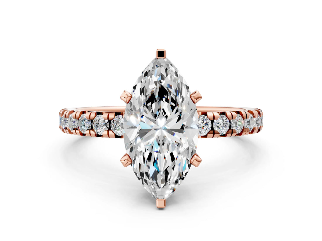 Rose gold Marquise Cut Diamond Solitaire Pavé Engagement Ring with Round Band and Prong Setting_86