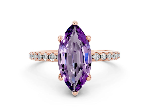 Rose gold Marquise Cut Amethyst Hidden Halo Engagement Ring with Round Pavé Band and Prong Setting
