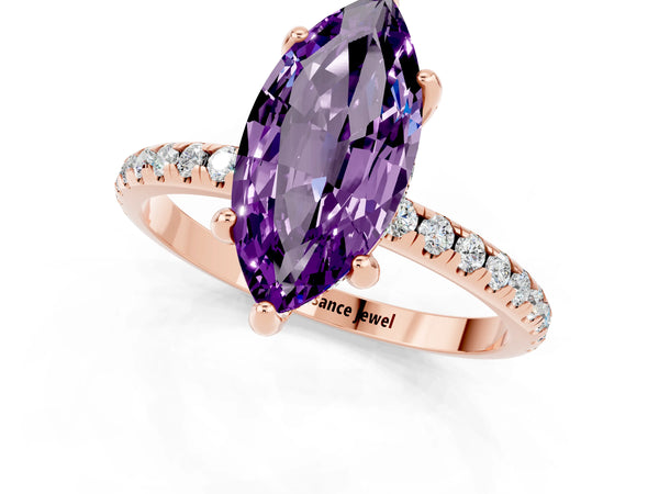 Rose gold Marquise Cut Amethyst Hidden Halo Engagement Ring with Round Pavé Band and Prong Setting