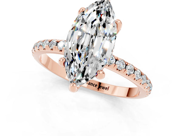 Rose gold Marquise Cut Moissanite Hidden Halo Engagement Ring with Round Pavé Band and Prong Setting