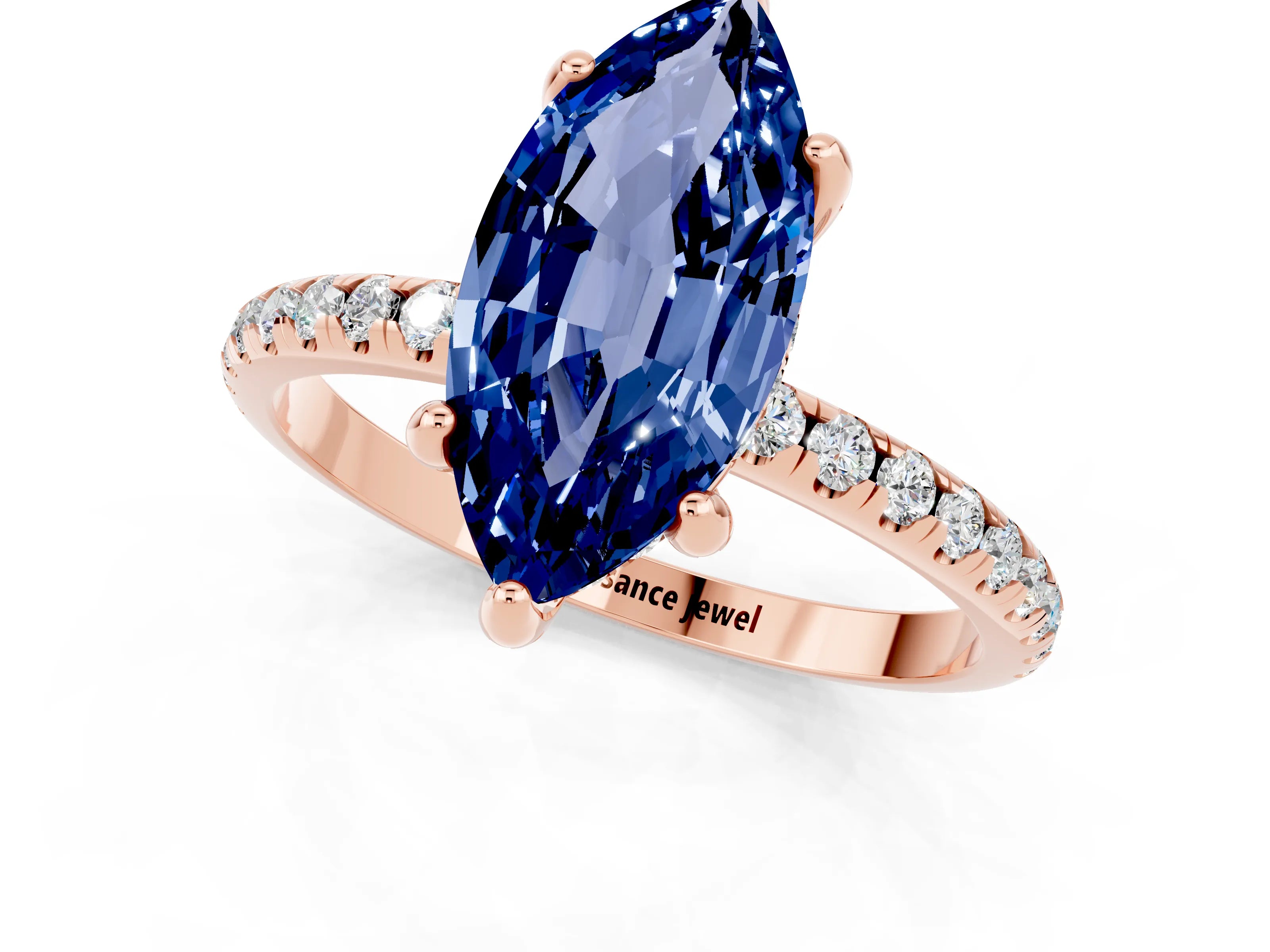 Rose gold Marquise Cut Diamond Solitaire Ring with Four-Prong Setting and Pavé Band_1