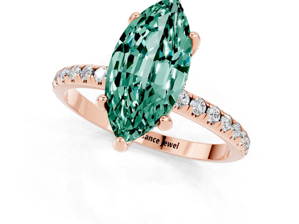 Rose gold Marquise Cut Green Sapphire Hidden Halo Engagement Ring with Round Pavé Band and Prong Setting