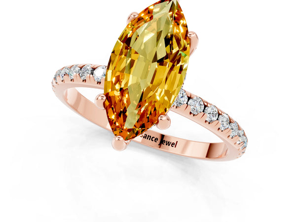 Rose gold Marquise Cut Citrine Hidden Halo Engagement Ring with Round Pavé Band and Prong Setting