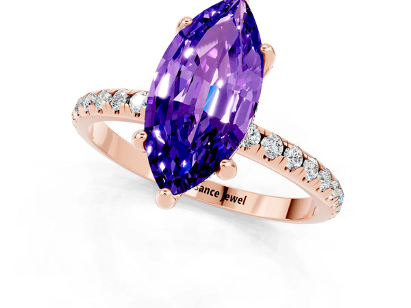 Rose gold Marquise Cut Tanzanite Hidden Halo Engagement Ring with Round Pavé Band and Prong Setting
