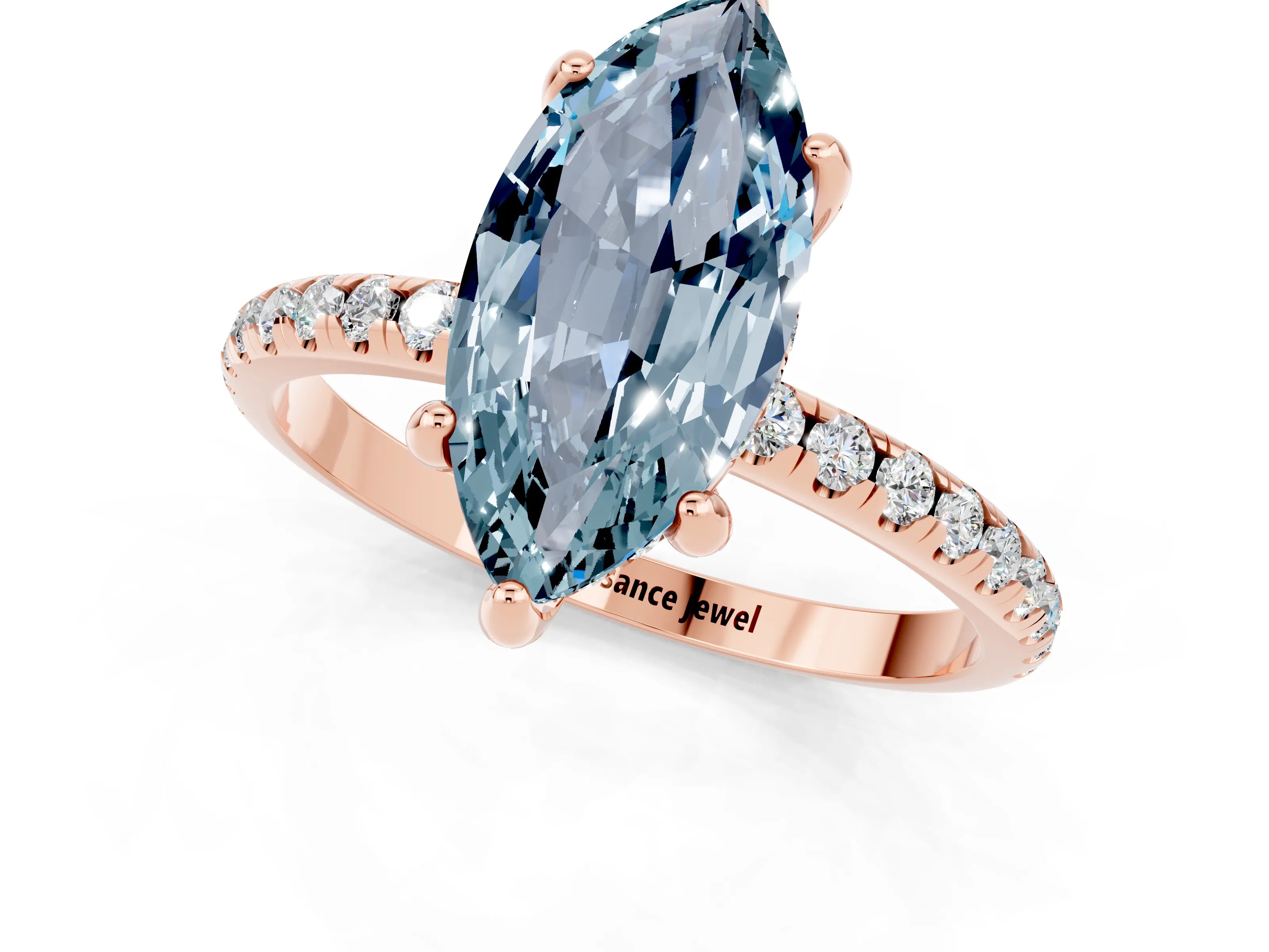 Rose gold Marquise Cut Diamond Solitaire Ring with Four-Prong Setting and Pavé Band_1