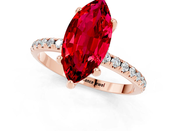 Rose gold Marquise Cut Diamond Solitaire Ring with Four-Prong Setting and Pavé Band